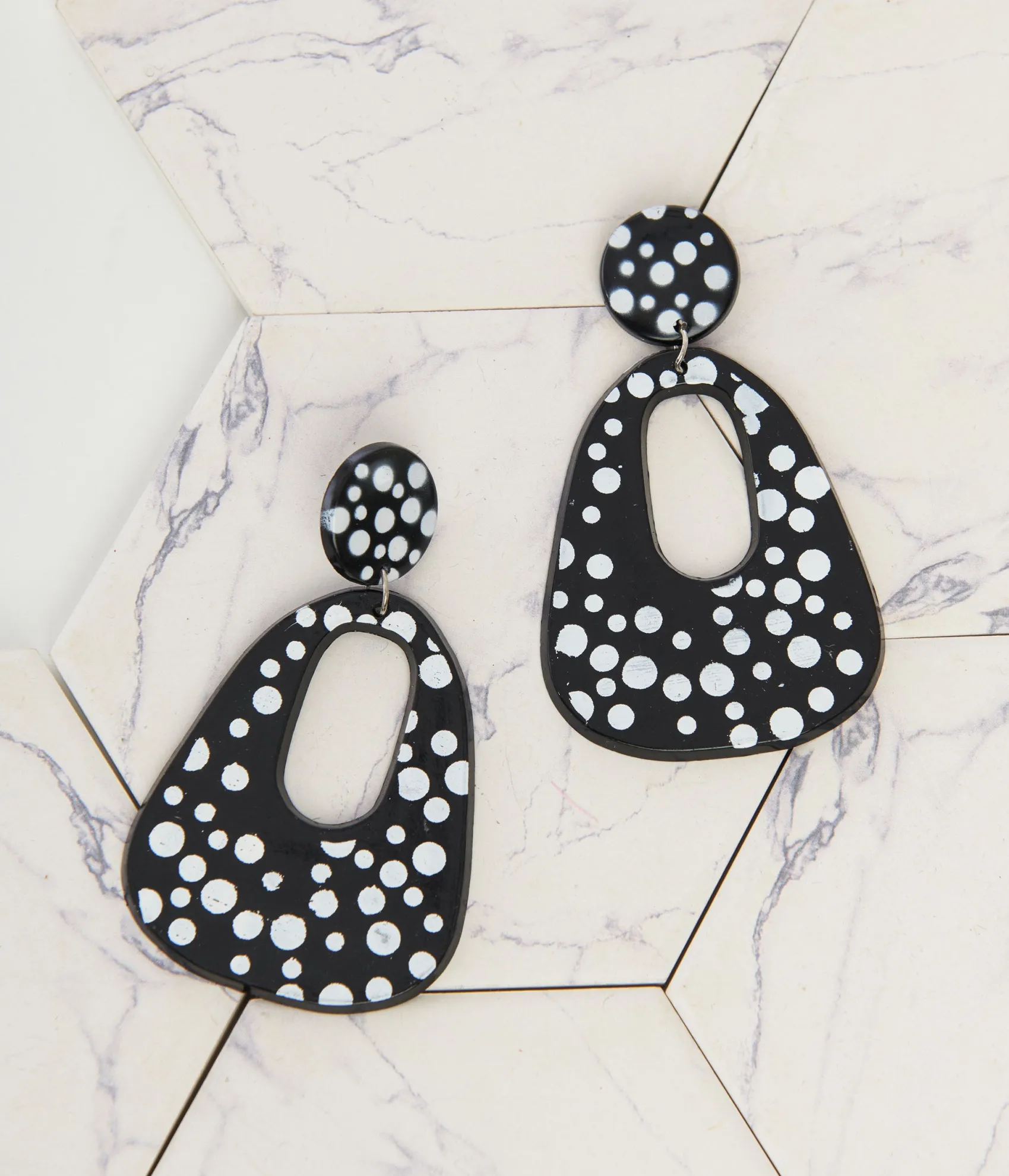 Unique Vintage 1980s Black & White Polka Dot Drop Earrings New