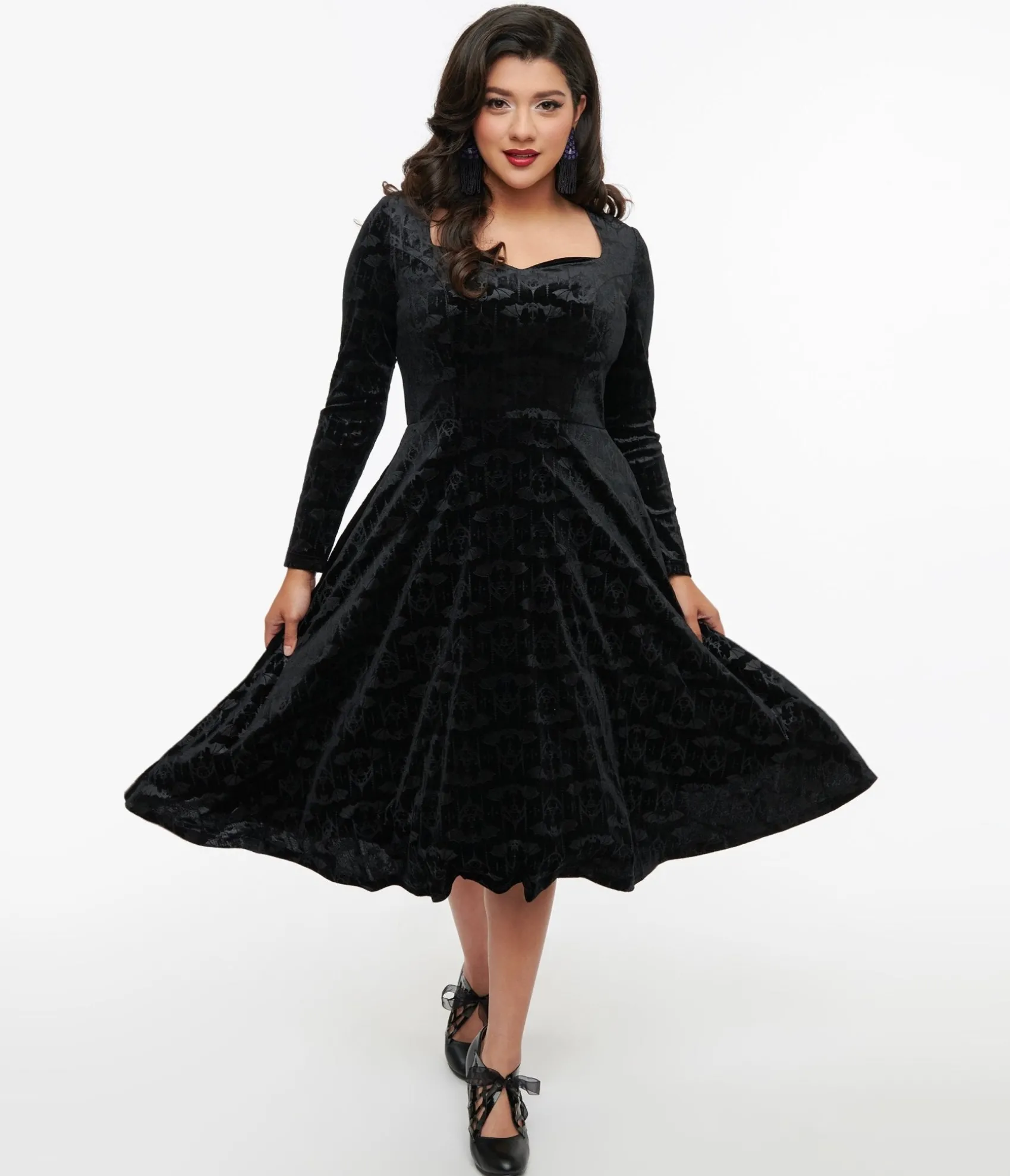 Unique Vintage 1950s Black Velvet Bat Print Fit & Flare Dress Hot