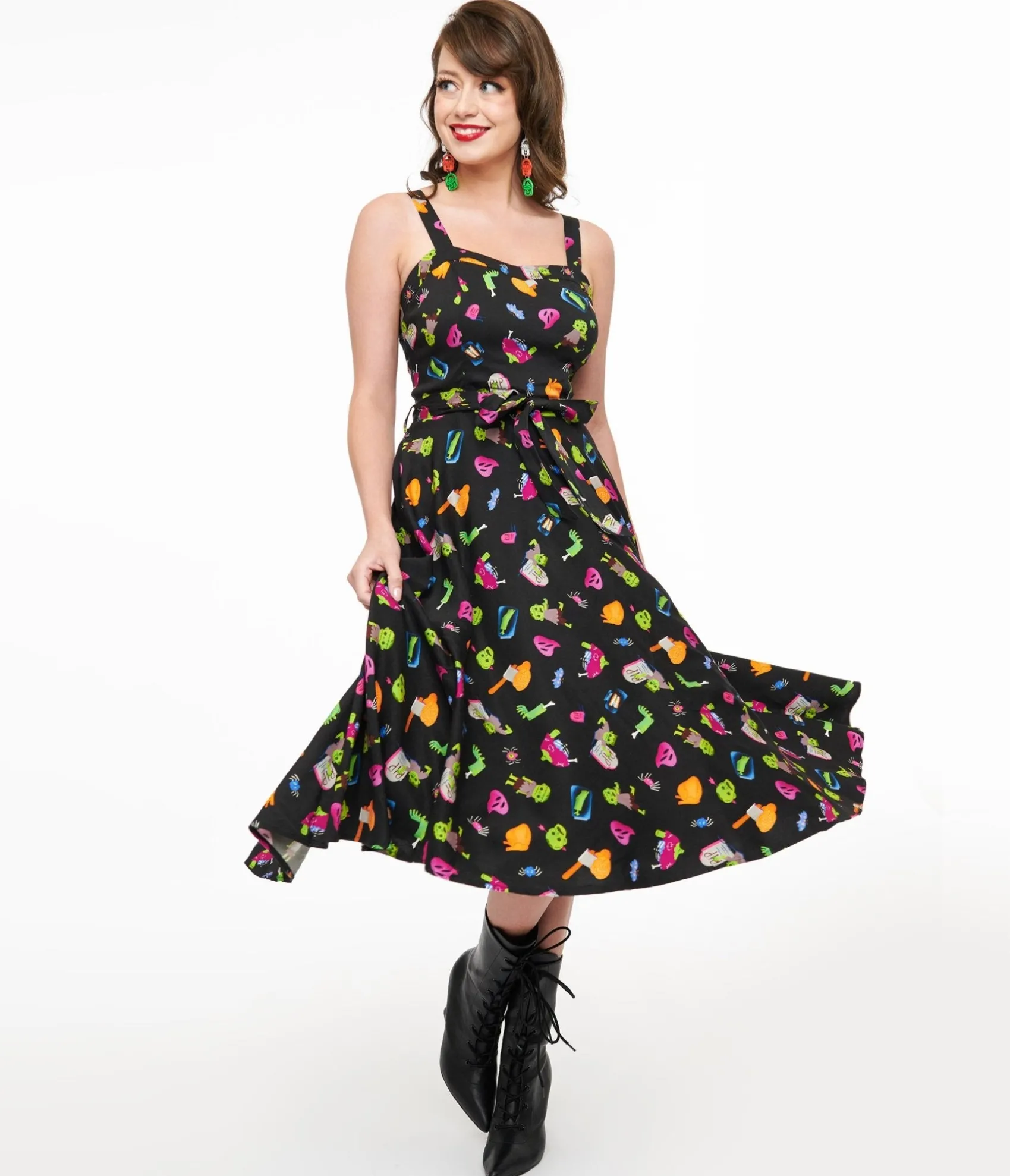 Unique Vintage 1950s Black Zombie Print Lori Swing Dress Cheap