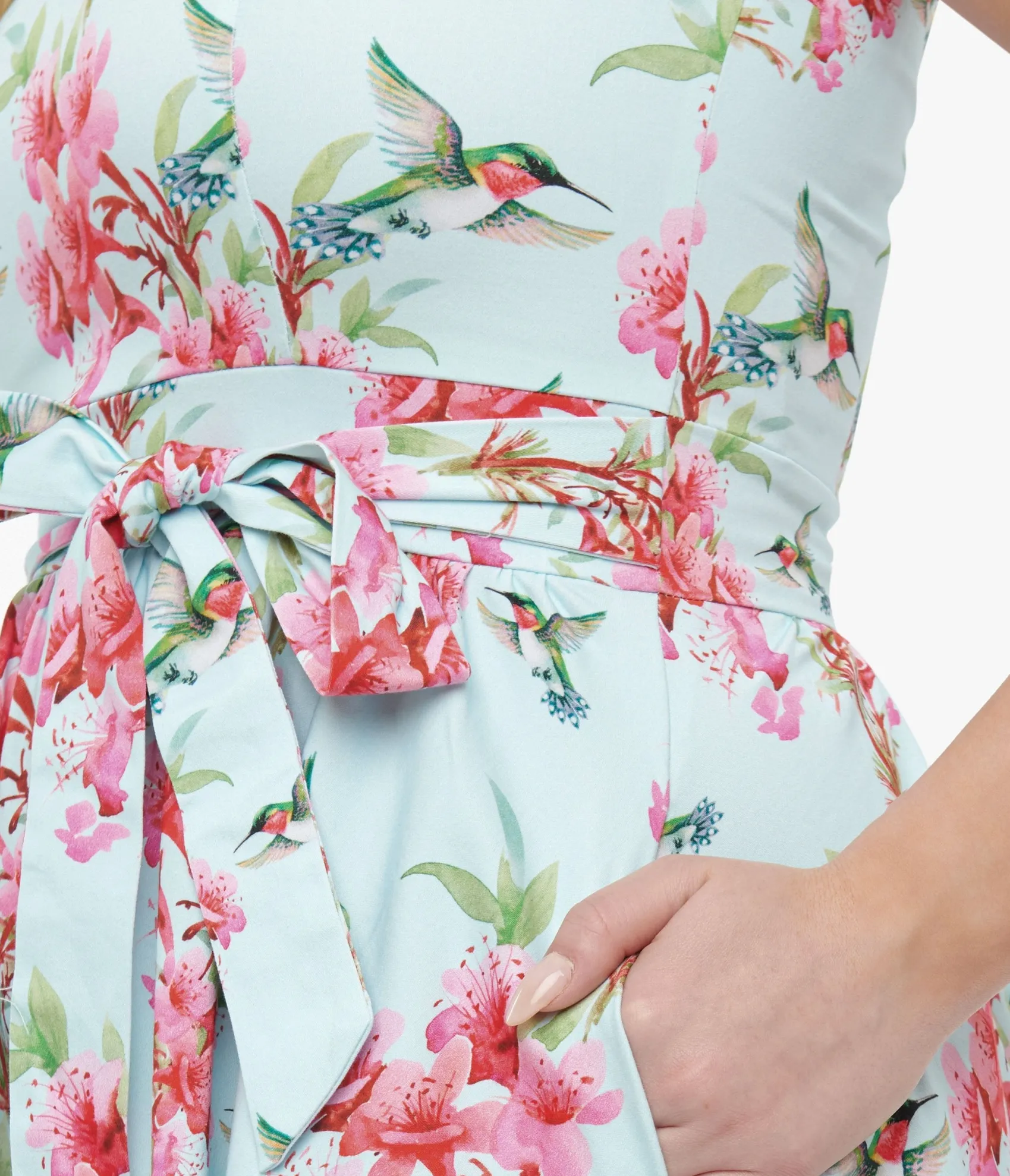 Unique Vintage 1950s Blue & Pink Floral Hummingbird Print Cotton Tea Fit & Flare Dress Cheap