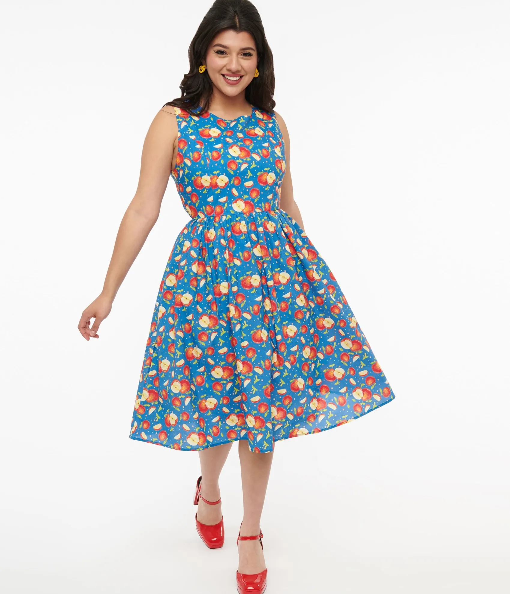 Unique Vintage 1950s Blue & Red Apple Print Cotton Swing Dress Cheap