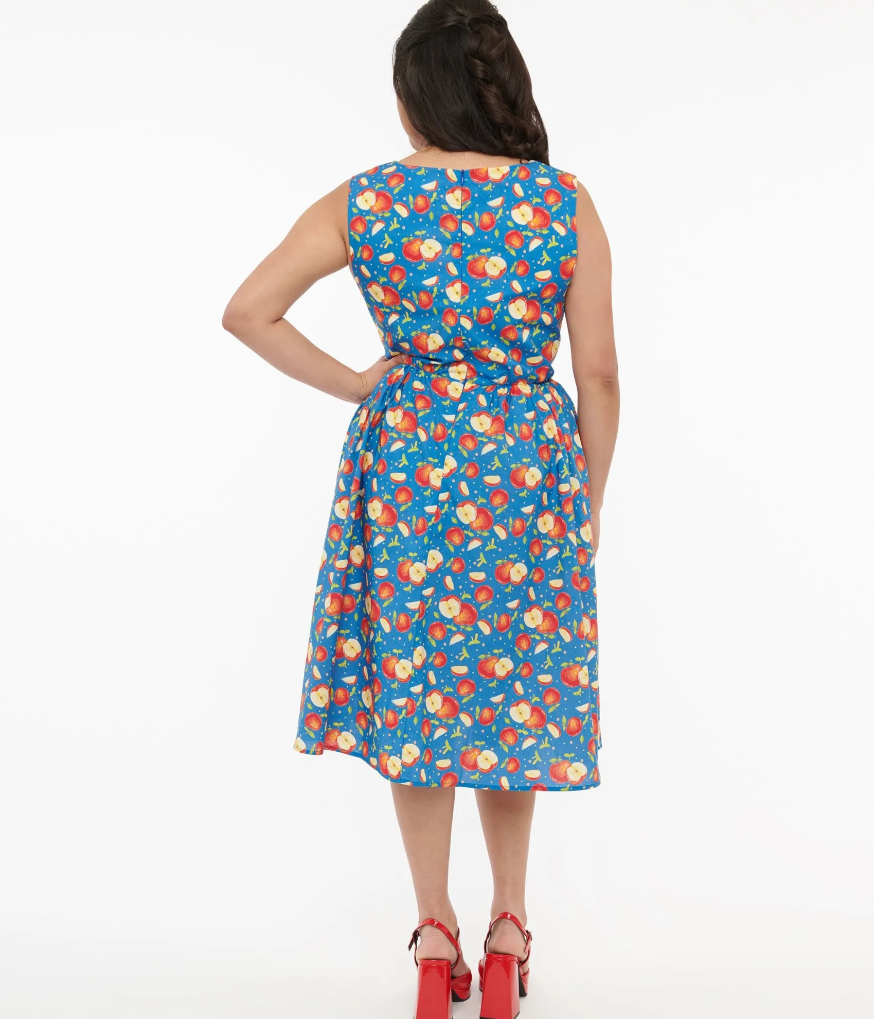 Unique Vintage 1950s Blue & Red Apple Print Cotton Swing Dress Cheap