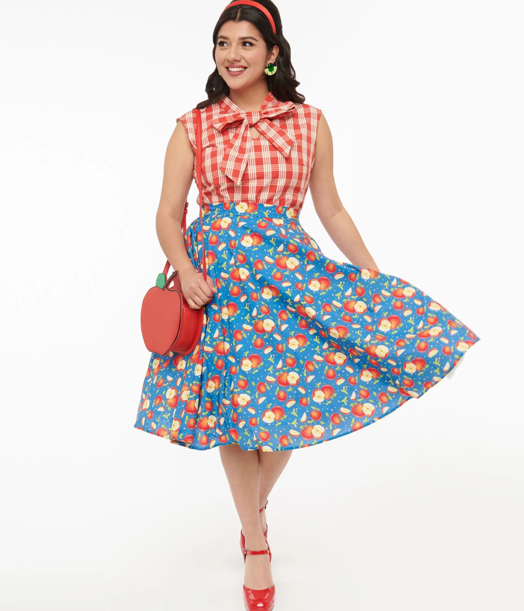 Unique Vintage 1950s Blue & Red Apple Print Swing Skirt Online