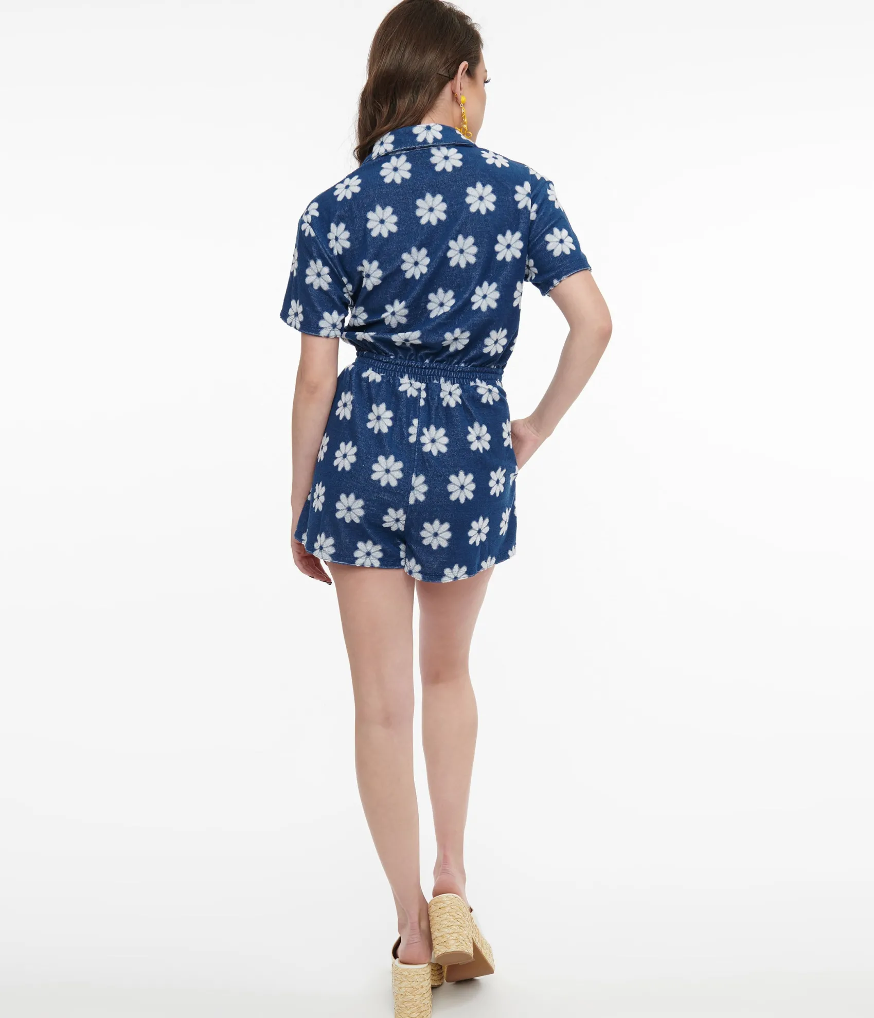 Unique Vintage 1970s Blue & White Daisy Flower Print Romper Flash Sale