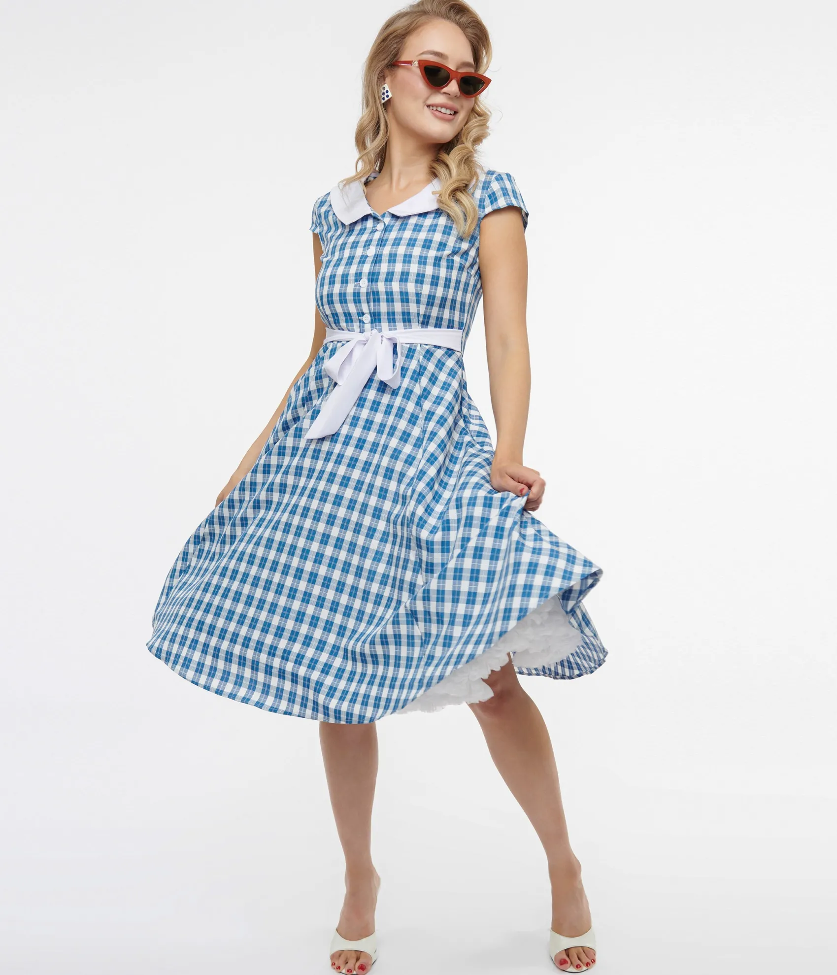 Unique Vintage 1950s Blue & White Plaid Swing Dress Best Sale