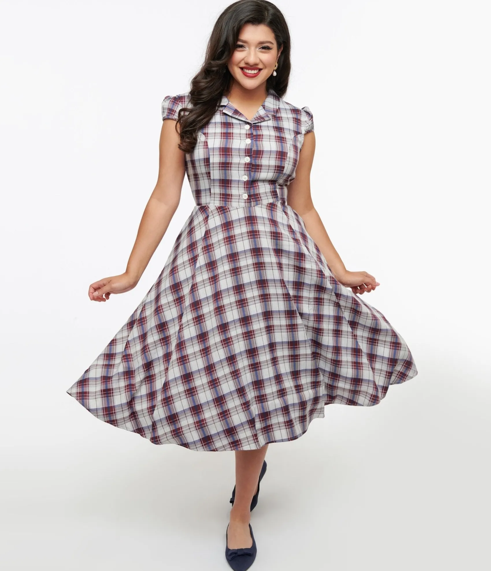 Unique Vintage 1950s Brown & Blue Plaid Swing Dress Clearance