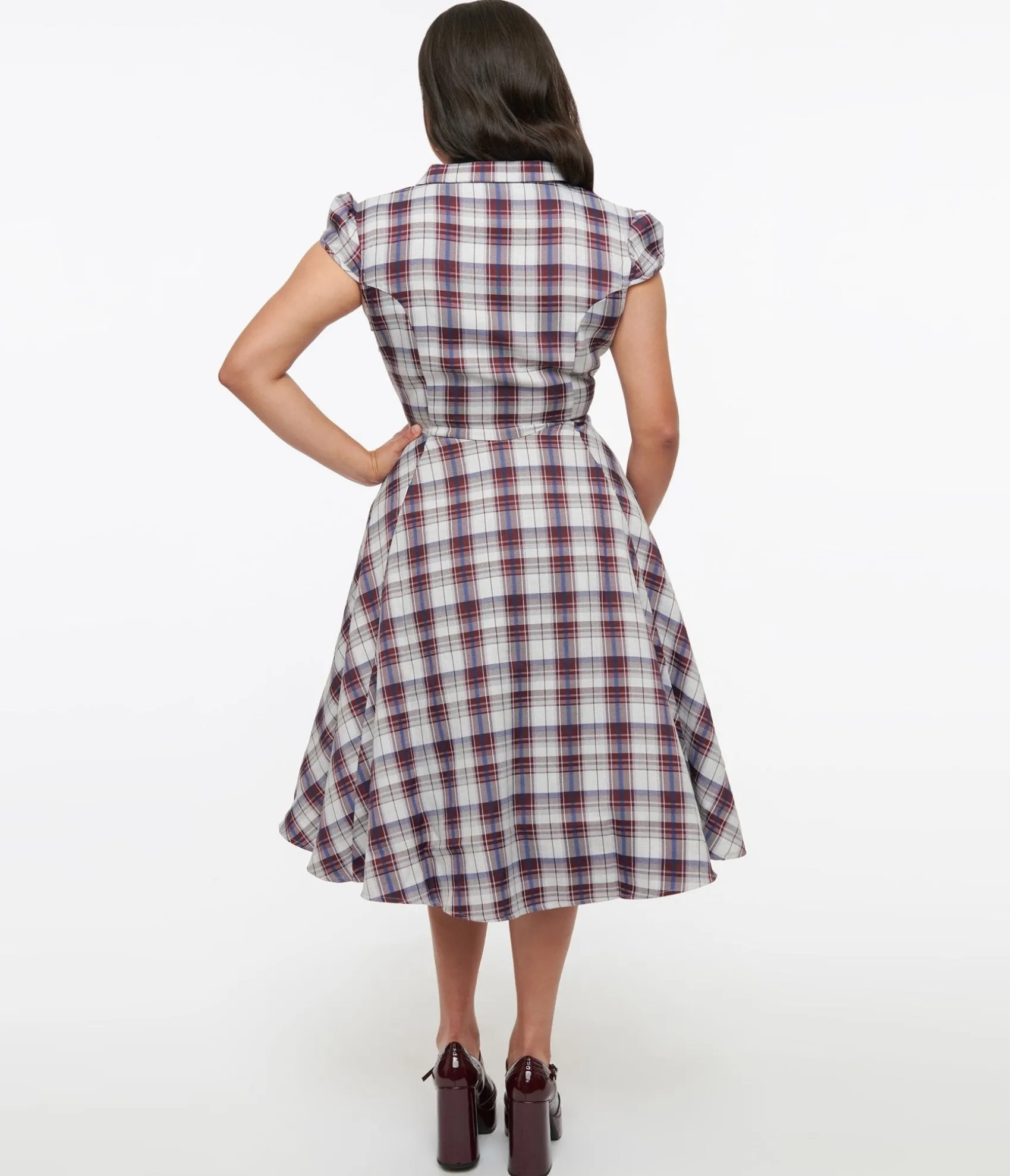 Unique Vintage 1950s Brown & Blue Plaid Swing Dress Clearance