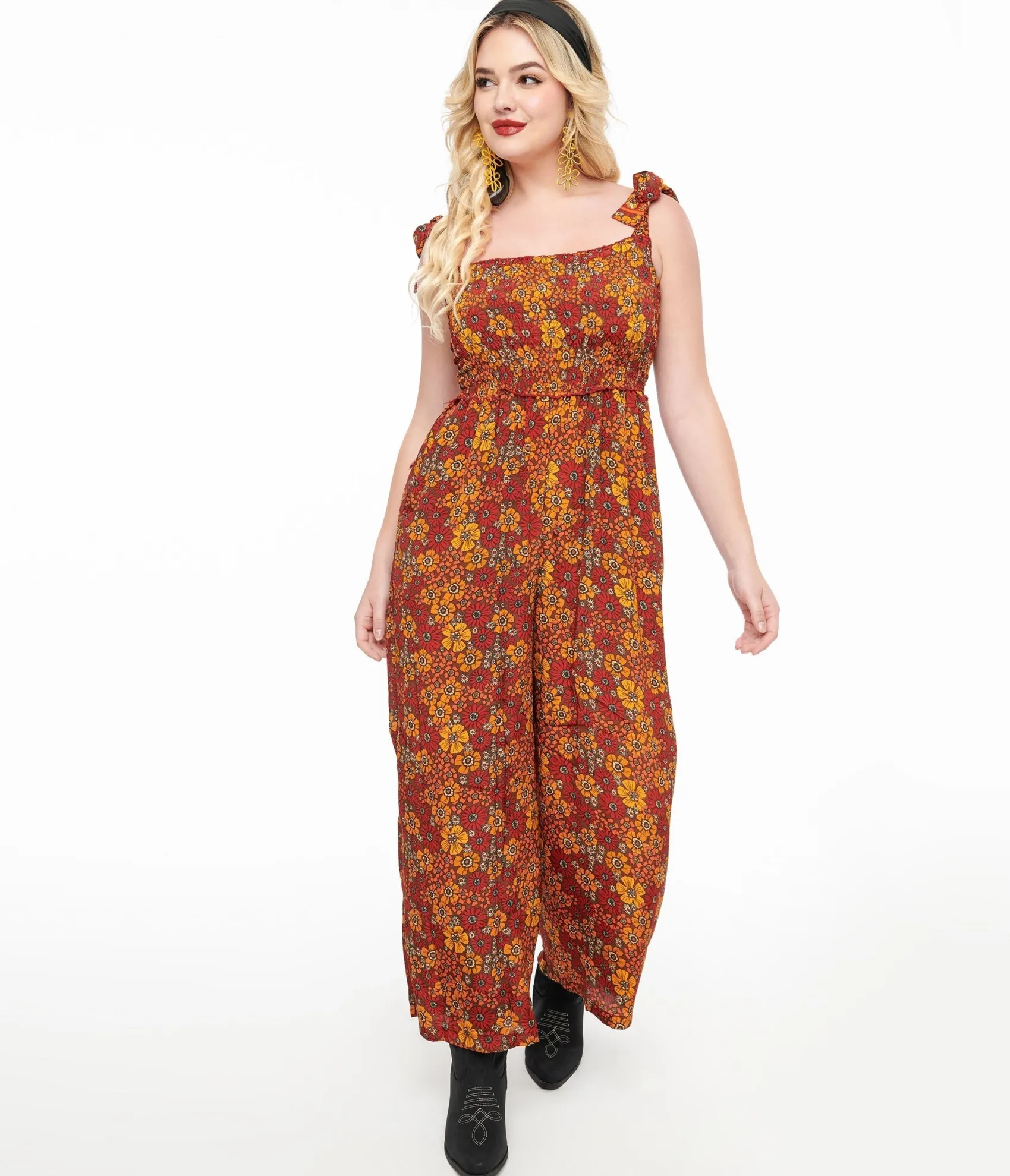 Unique Vintage 1970s Brown & Orange Flower Child Silk Jumpsuit Best