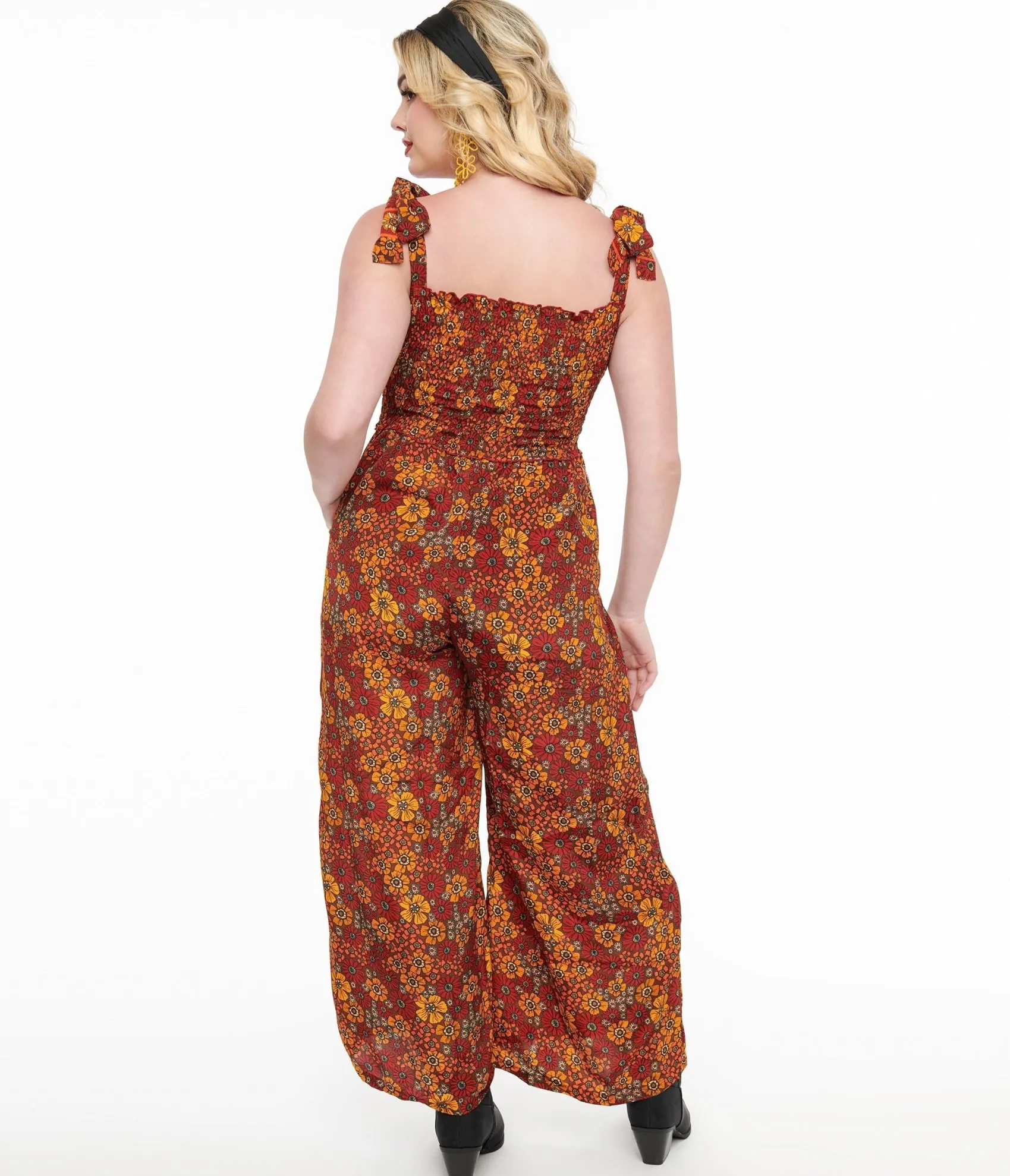 Unique Vintage 1970s Brown & Orange Flower Child Silk Jumpsuit Best