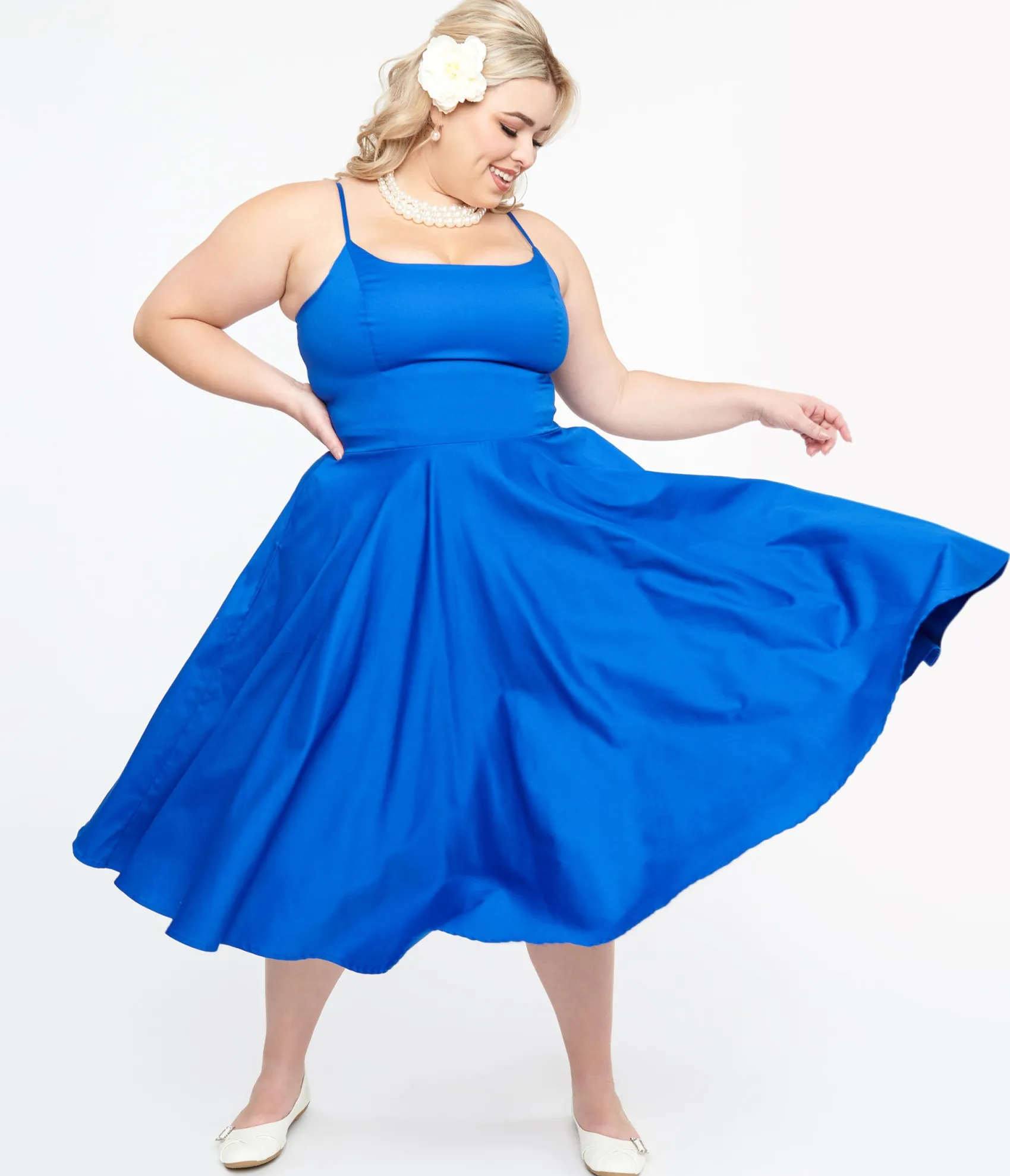 Unique Vintage 1950s Cobalt Blue Cotton Swing Dress Hot