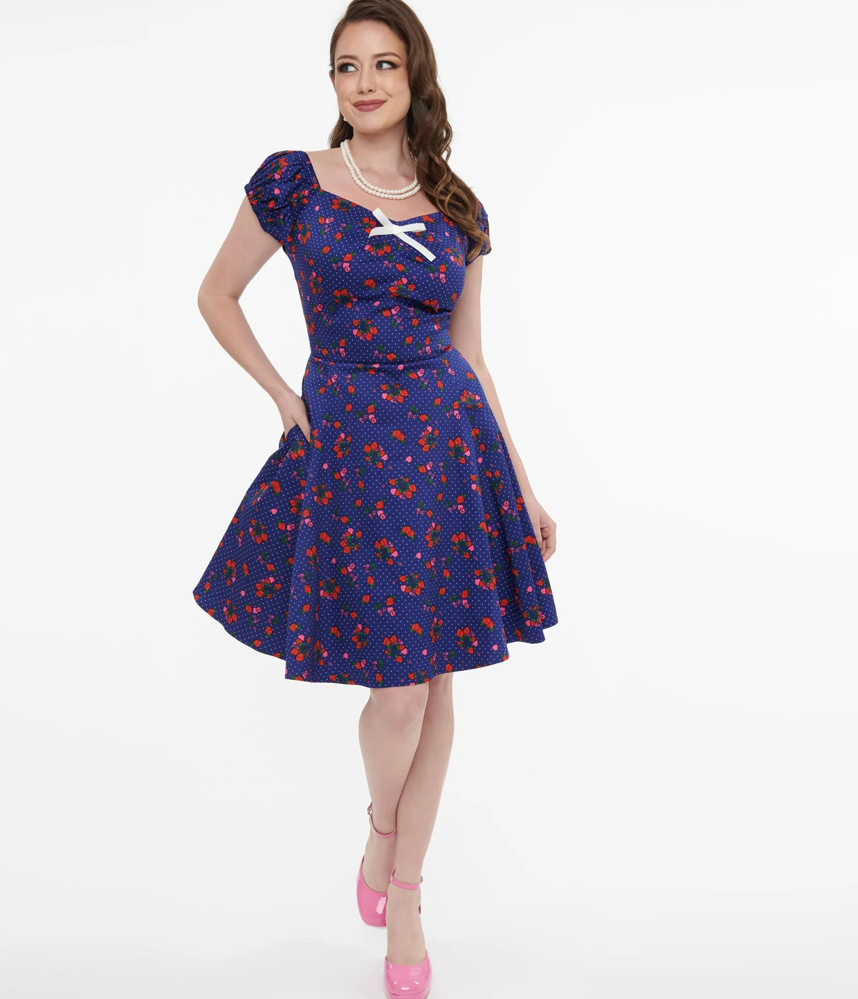 Unique Vintage 1950s Collectif Blue & Mixed Berries Print Dolores Mini Dress Sale