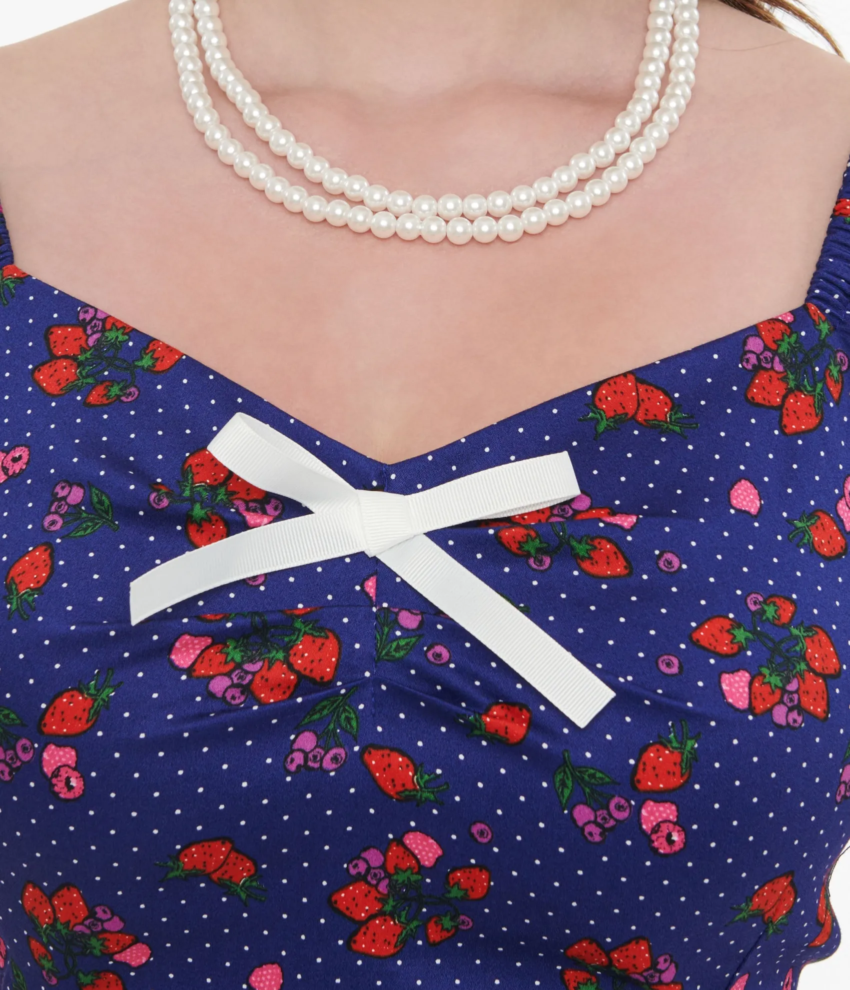 Unique Vintage 1950s Collectif Blue & Mixed Berries Print Dolores Mini Dress Sale