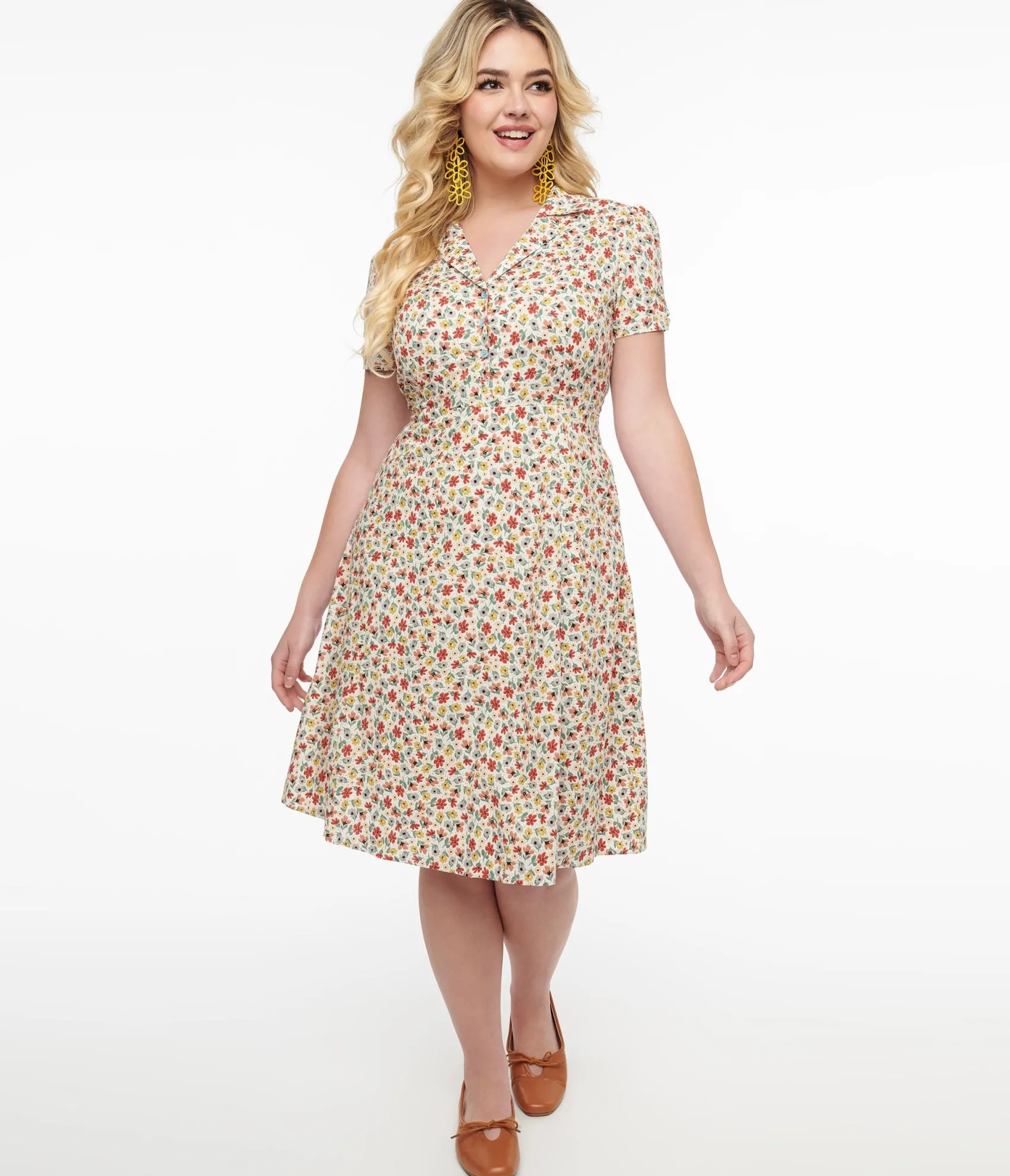 Unique Vintage 1950s Cream & Multicolor Floral Fit & Flare Dress Online