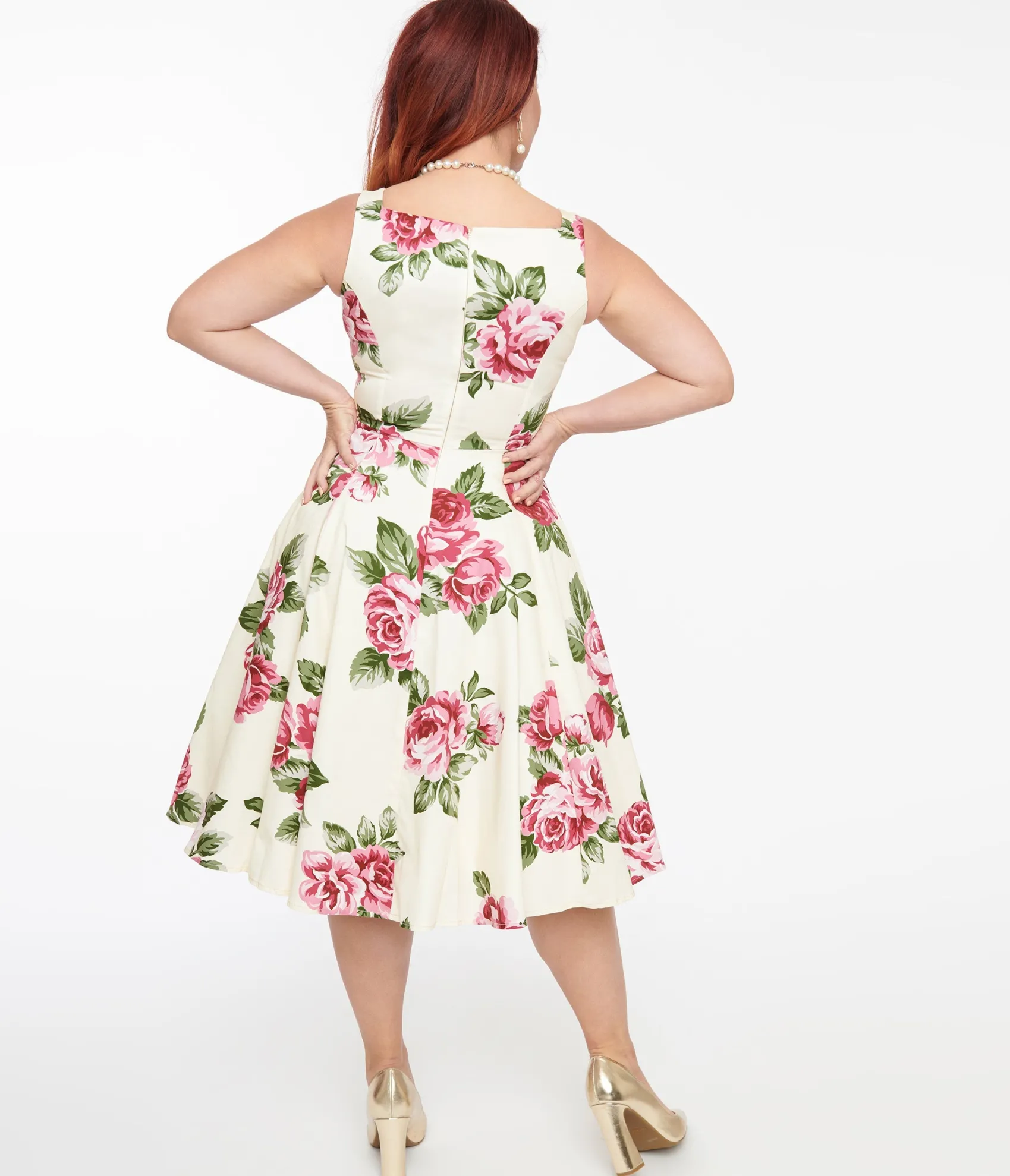 Unique Vintage 1950s Cream & Pink Floral Frances Swing Dress Cheap