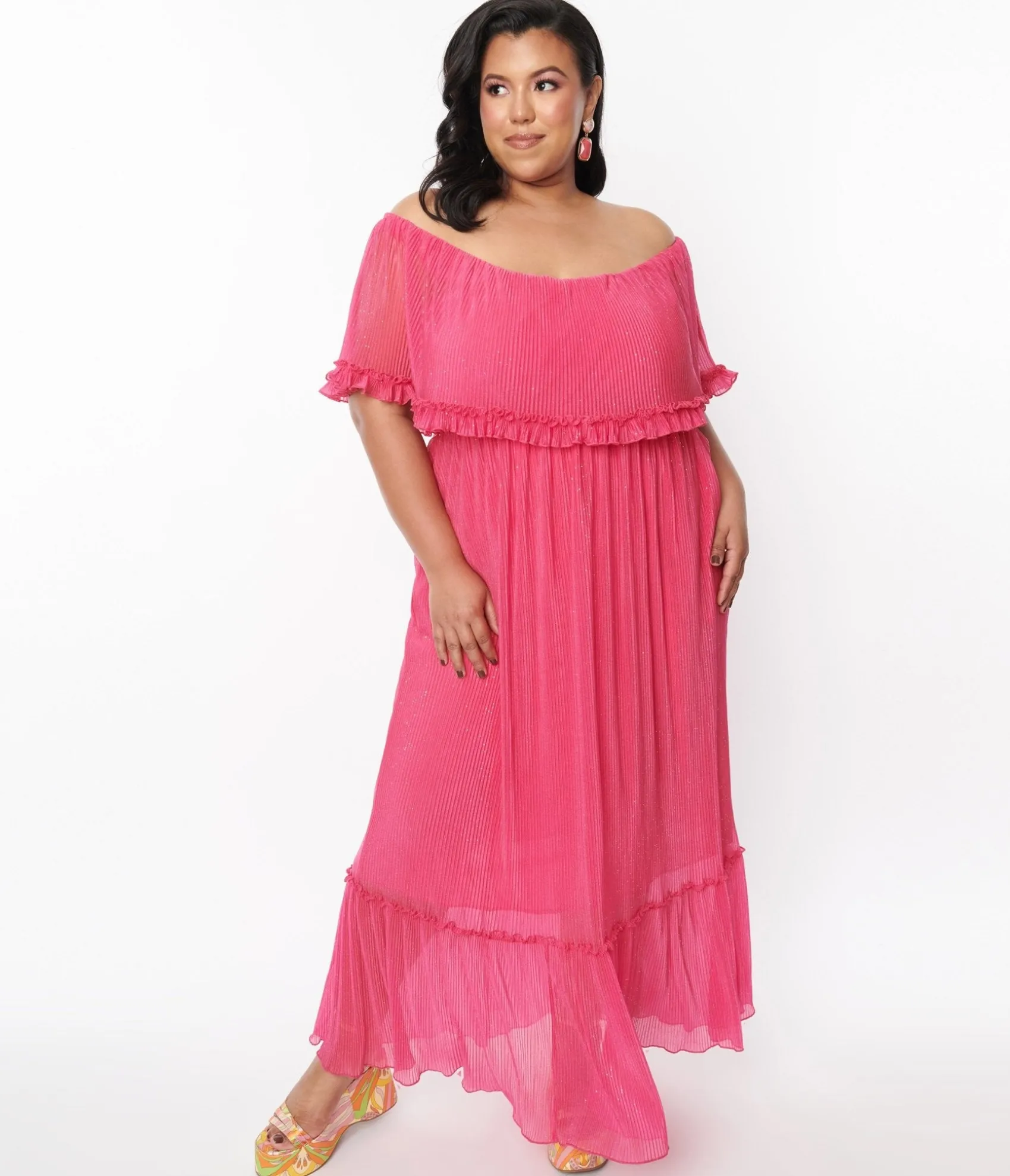 Unique Vintage 1970s Fuchsia Pleated Chiffon Maxi Dress Hot