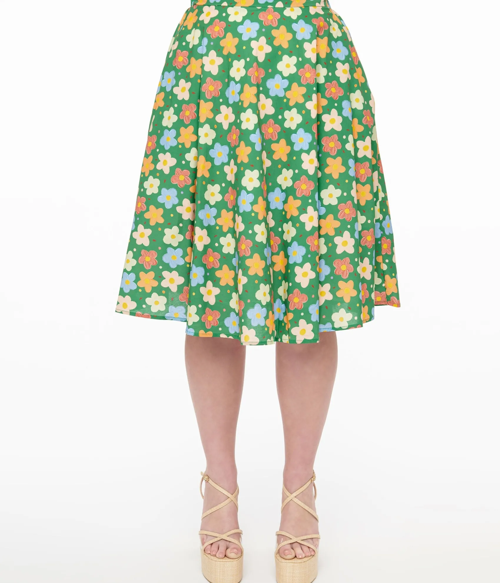 Unique Vintage 1950s Green Retro Floral Cotton Swing Skirt Shop