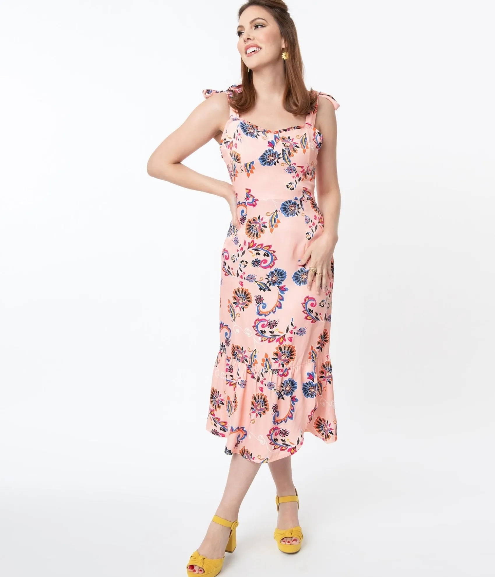 Unique Vintage 1940s Light Pink & Paisley Floral Print Devika Pencil Dress Clearance
