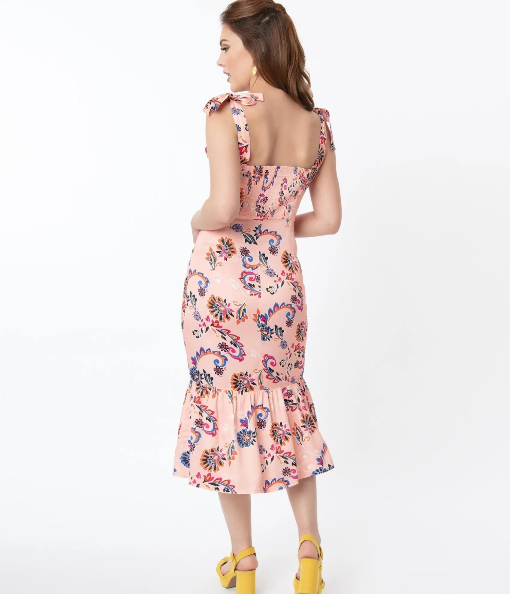 Unique Vintage 1940s Light Pink & Paisley Floral Print Devika Pencil Dress Clearance