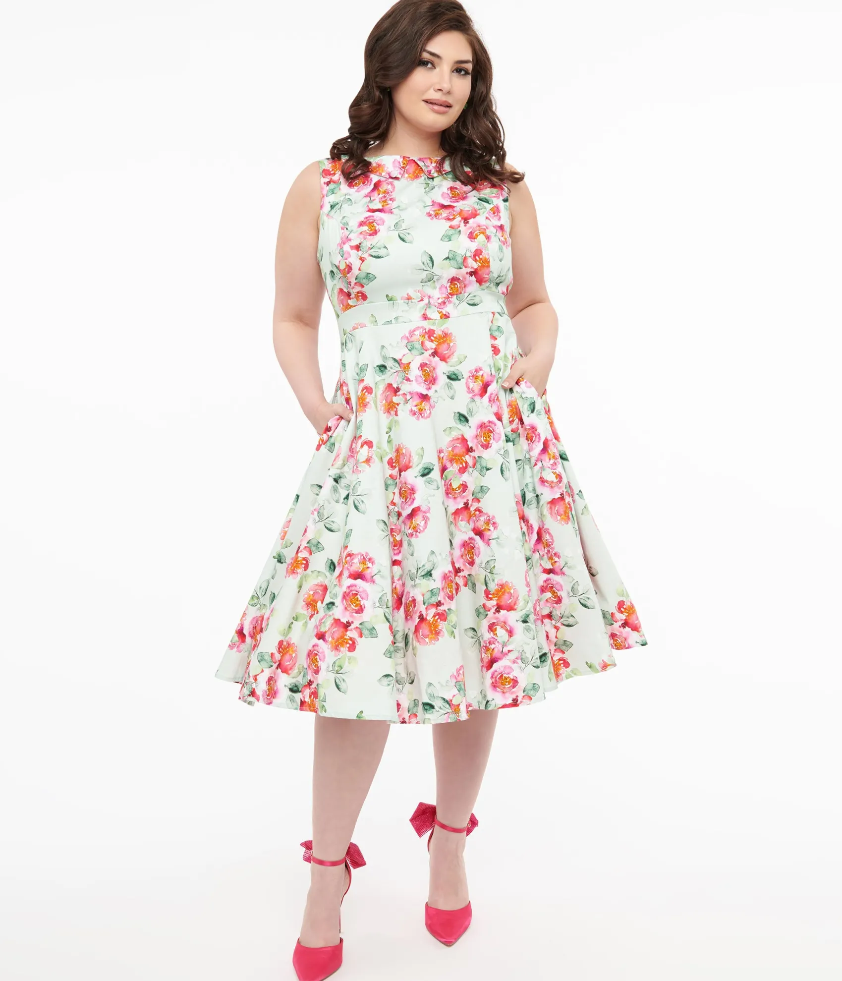 Unique Vintage 1950s Mint Green & Pink Floral Print Cotton Marissa Swing Dress New