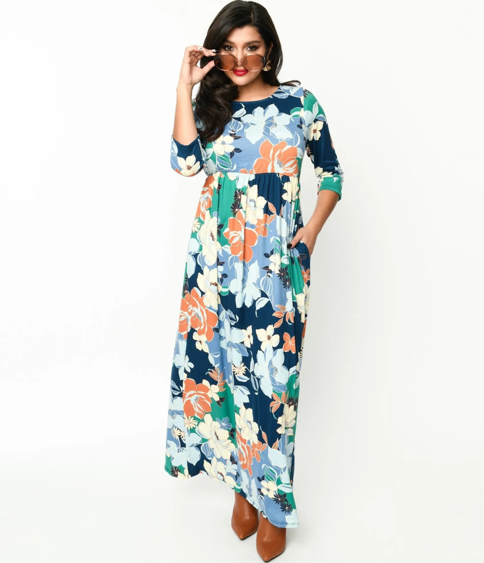 Unique Vintage 1970s Navy & Multicolor Floral Knit Maxi Dress Best
