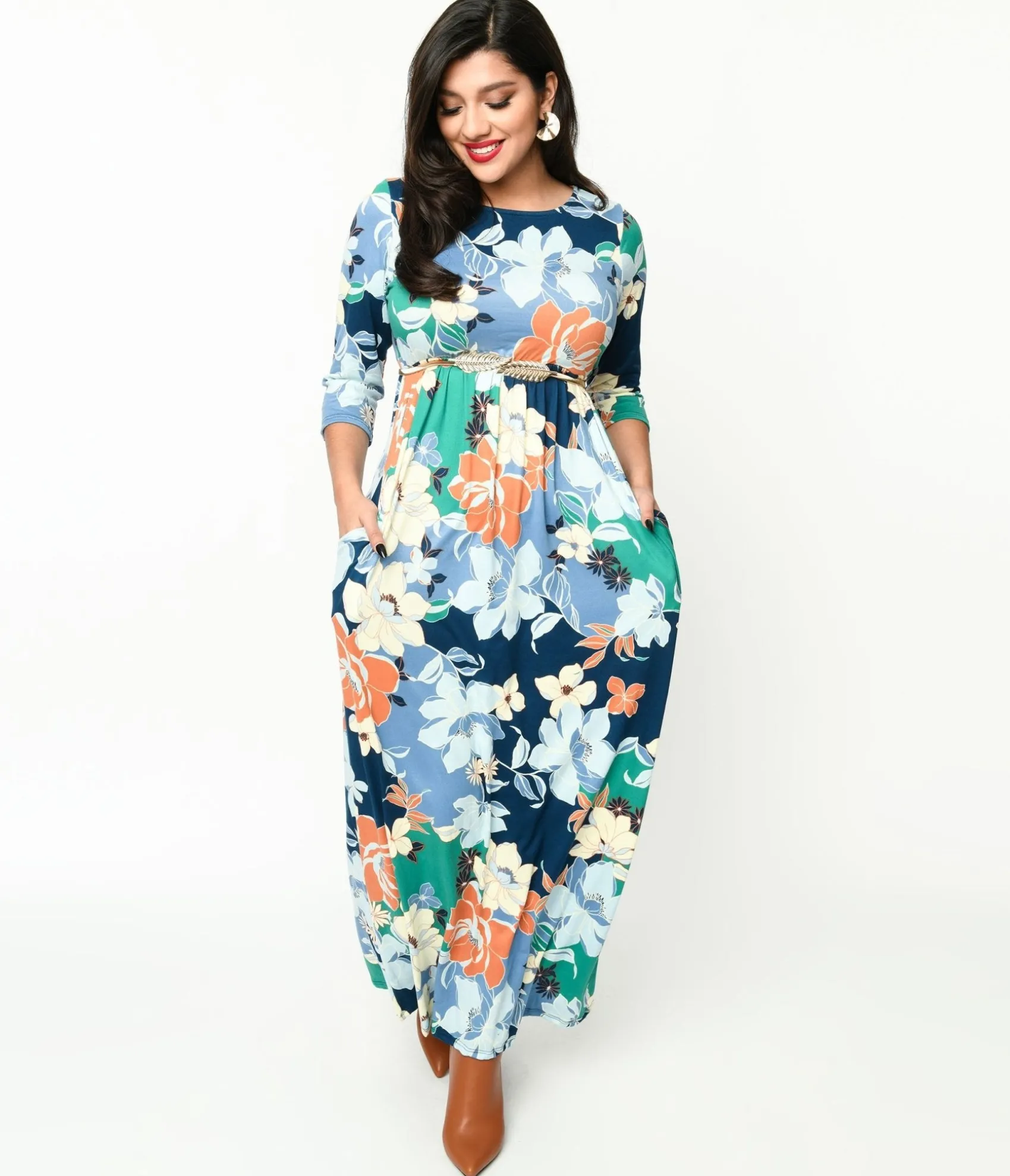 Unique Vintage 1970s Navy & Multicolor Floral Knit Maxi Dress Best
