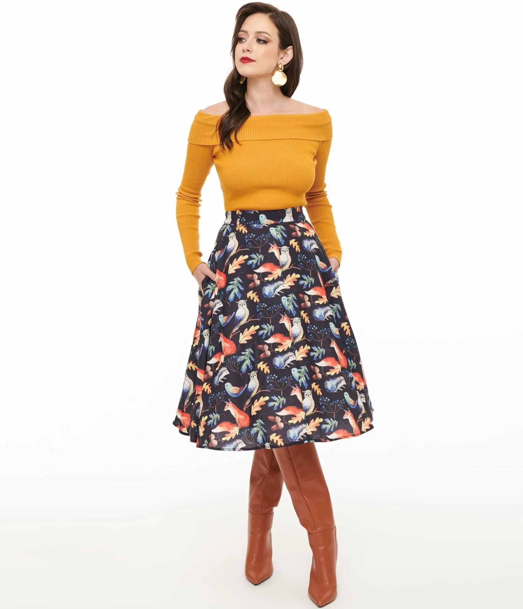 Unique Vintage 1950s Navy Fox Print Swing Skirt Best