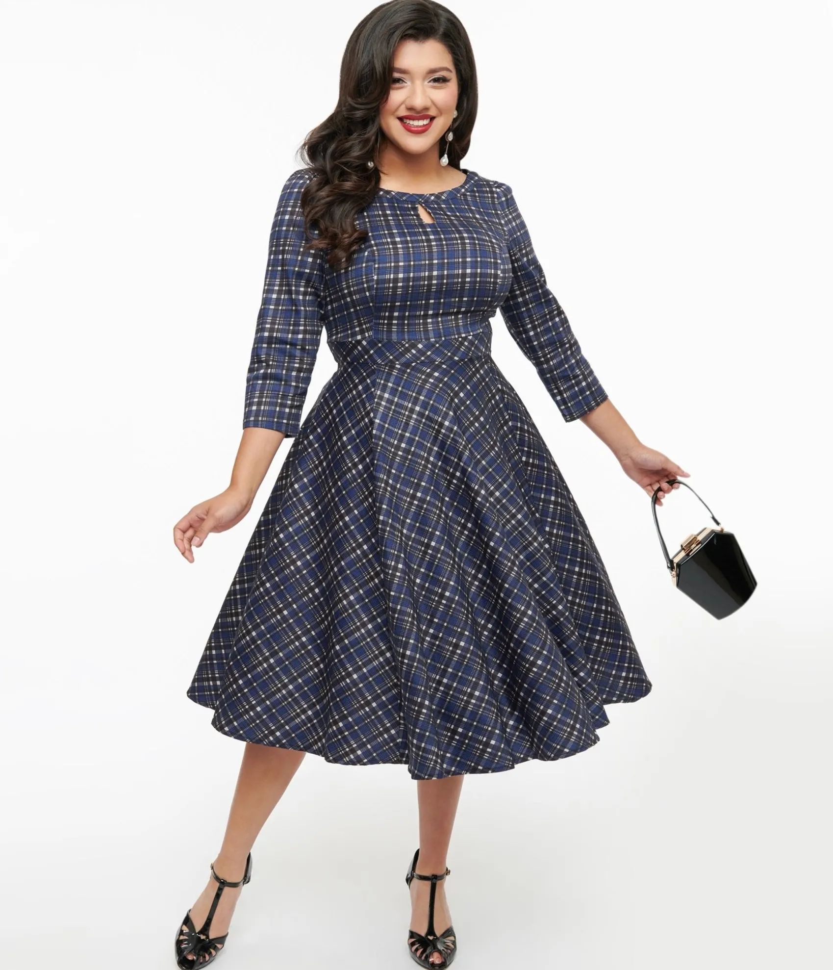 Unique Vintage 1950s Navy Plaid Anna Swing Dress Sale