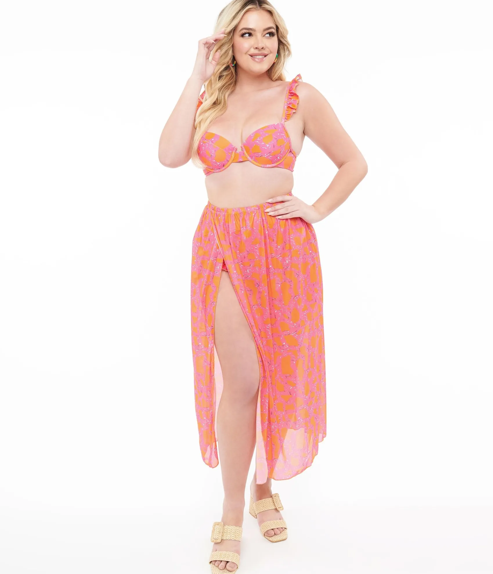 Unique Vintage 1970s Neon Pink & Neon Orange Two Piece Swimsuit Set & Coverup Skirt Fashion