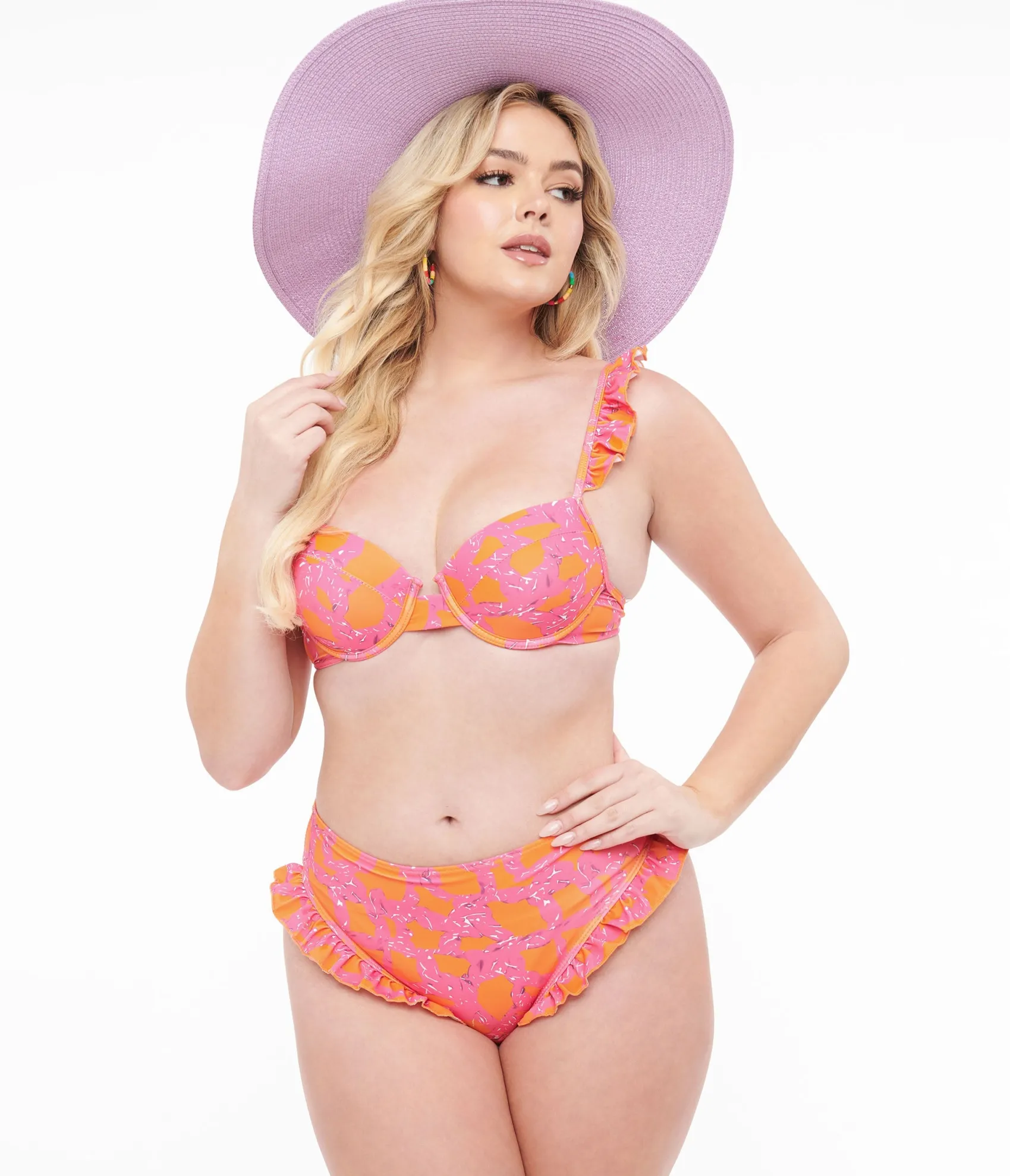 Unique Vintage 1970s Neon Pink & Neon Orange Two Piece Swimsuit Set & Coverup Skirt Fashion