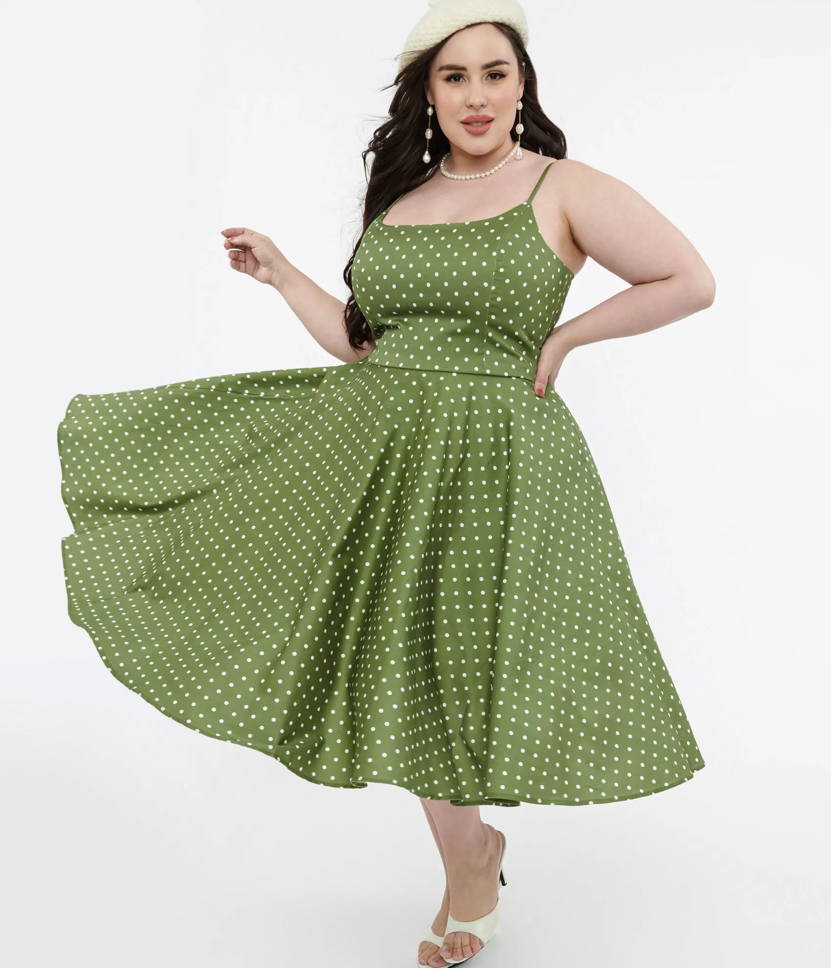 Unique Vintage 1950s Olive Green & White Polka Dot Peggy Cotton Swing Dress Best