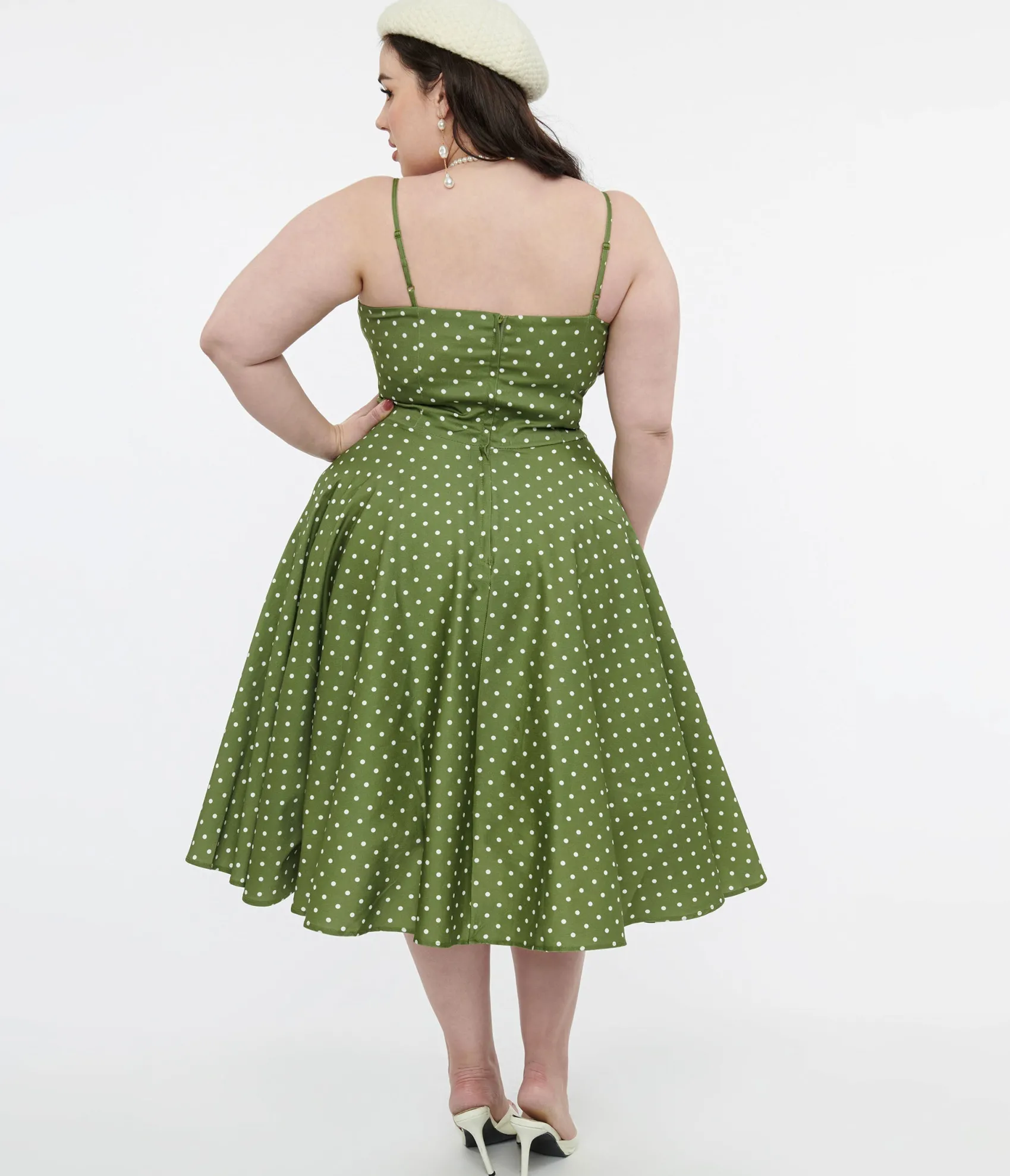 Unique Vintage 1950s Olive Green & White Polka Dot Peggy Cotton Swing Dress Best
