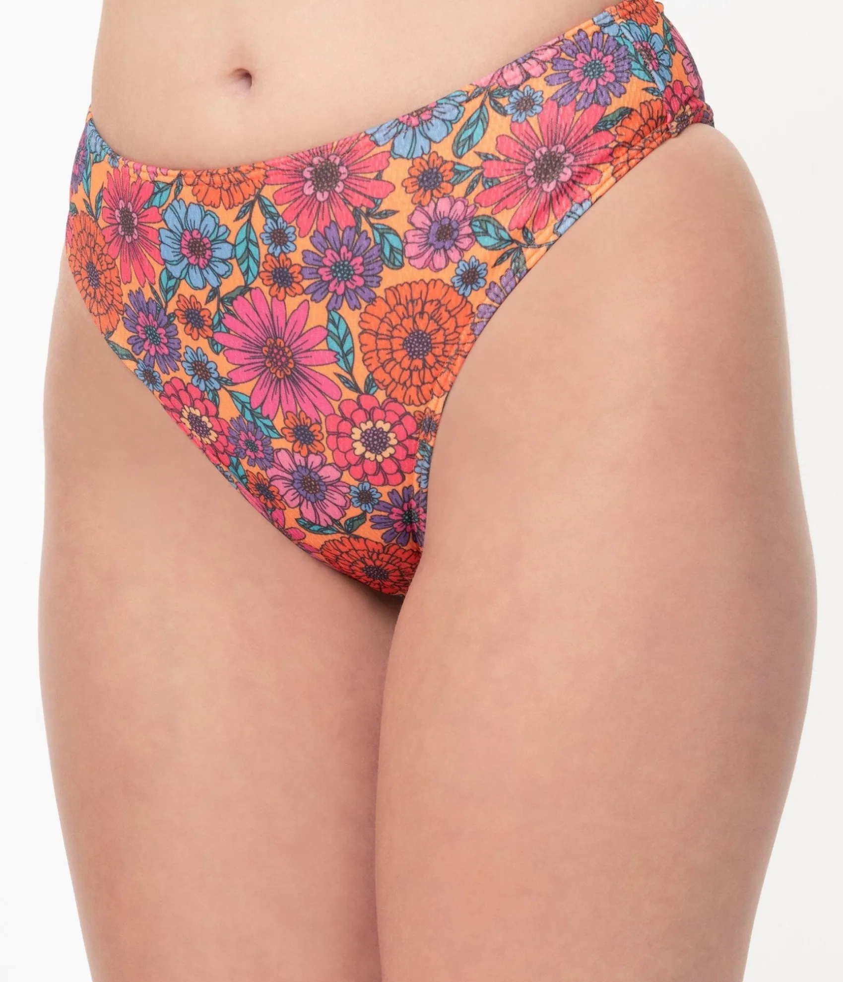 Unique Vintage 1970s Orange & Floral High Leg Swim Bottoms Clearance