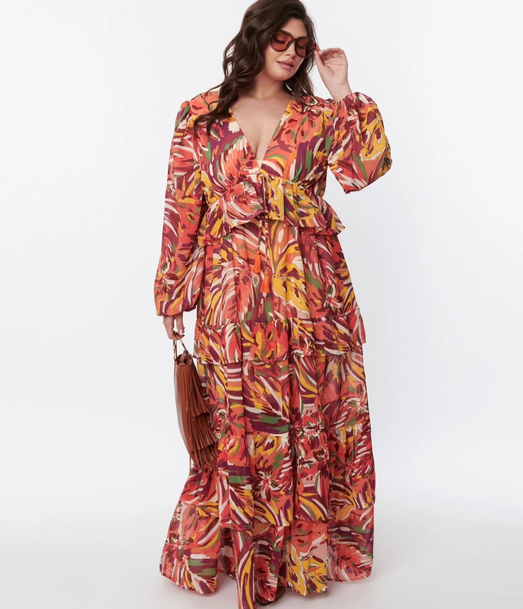 Unique Vintage 1970s Orange & Multicolor Leaf Maxi Dress Store