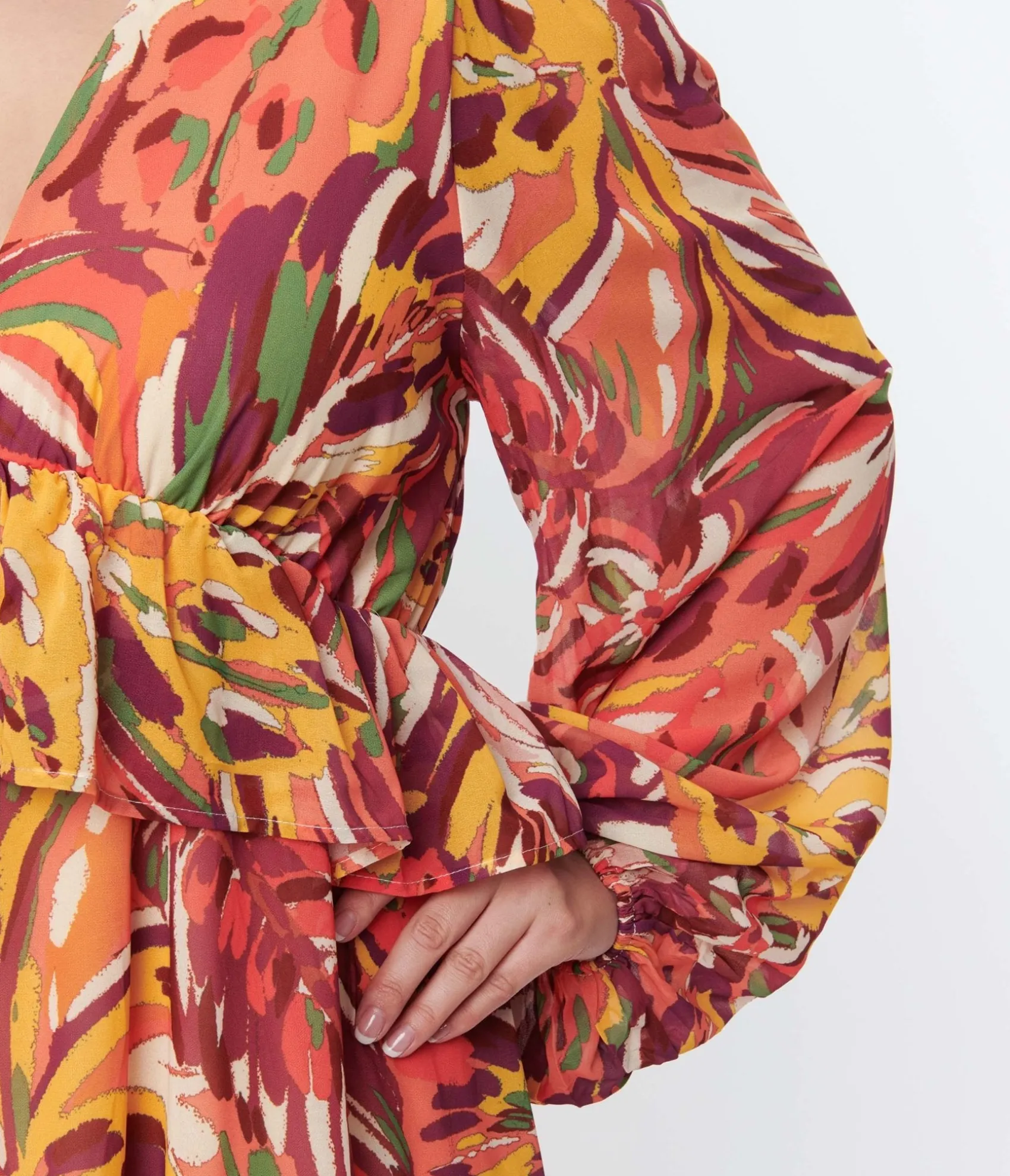 Unique Vintage 1970s Orange & Multicolor Leaf Maxi Dress Store