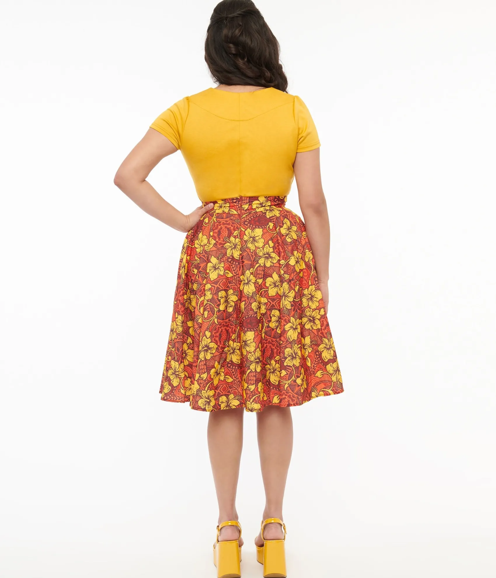 Unique Vintage 1950s Orange & Yellow Tropical Floral Mimosa Swing Skirt Fashion