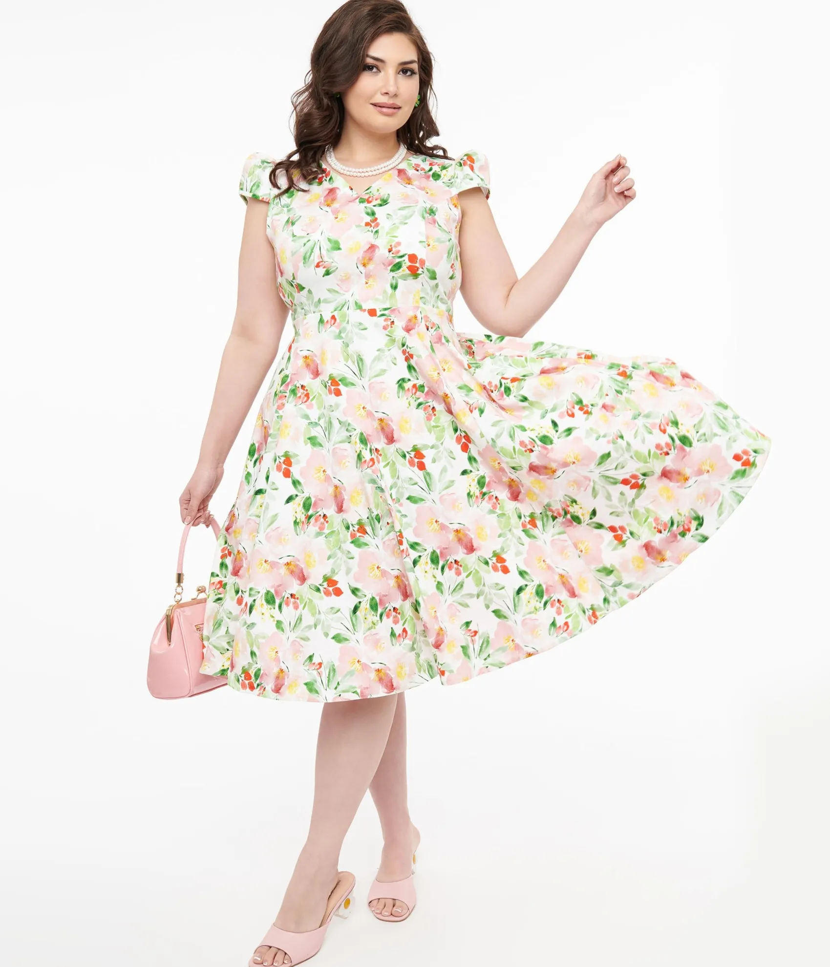 Unique Vintage 1950s Pink & Green Floral Cotton Larisa Swing Dress Shop