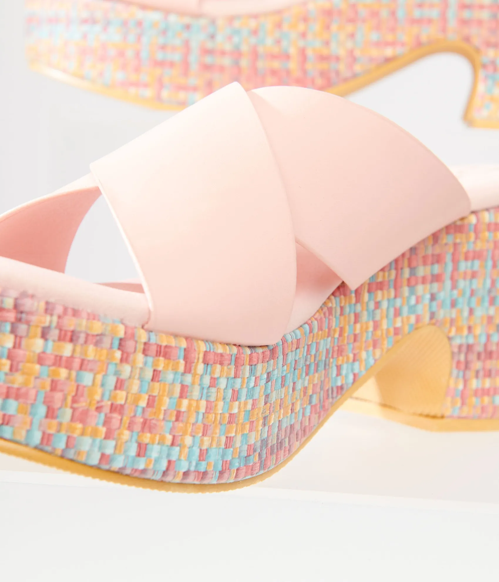 Unique Vintage 1970s Pink & Rainbow Woven Nellie Platform Sandals Best Sale