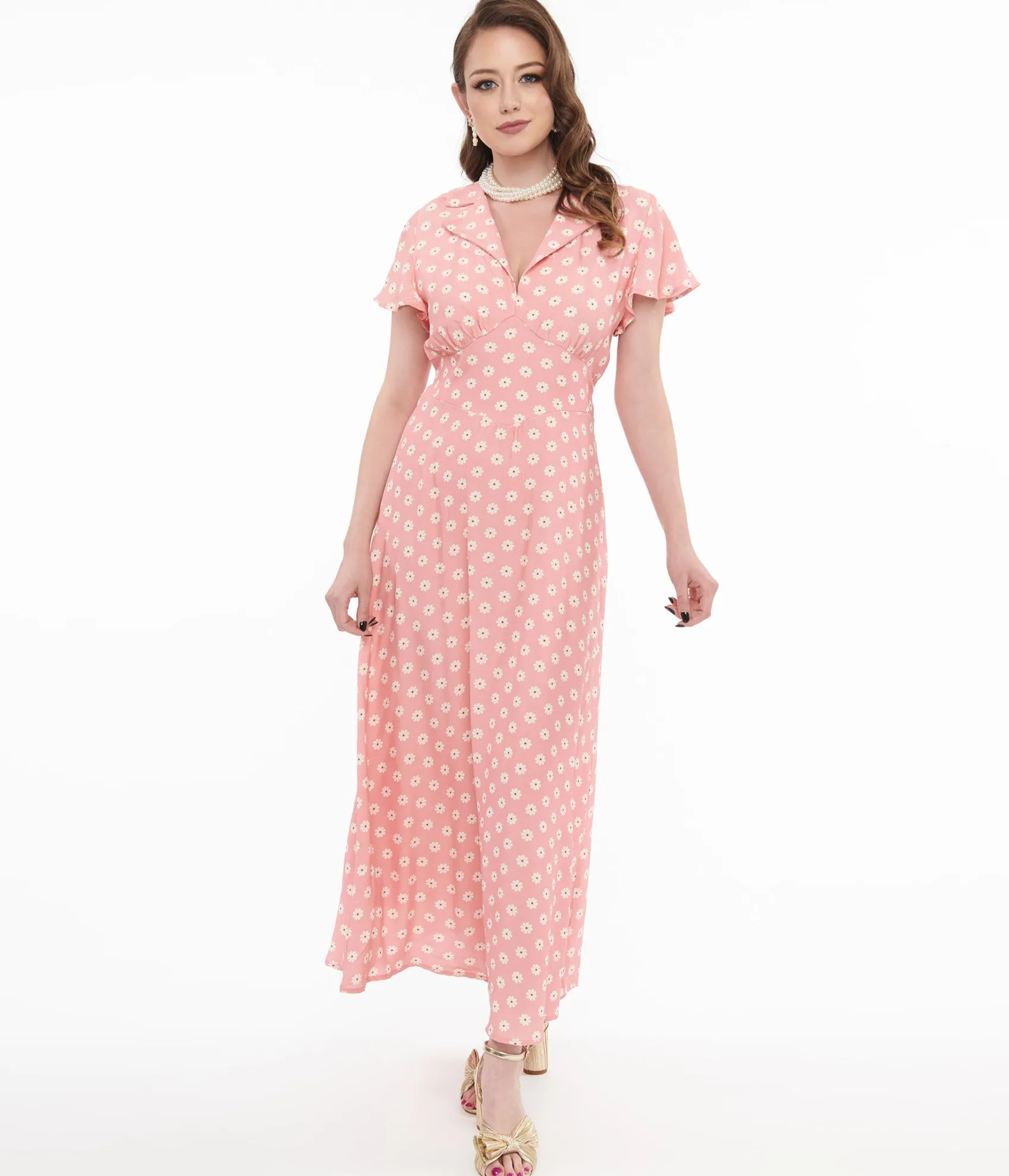 Unique Vintage 1930s Pink Daisy Salome Midi Dress Online