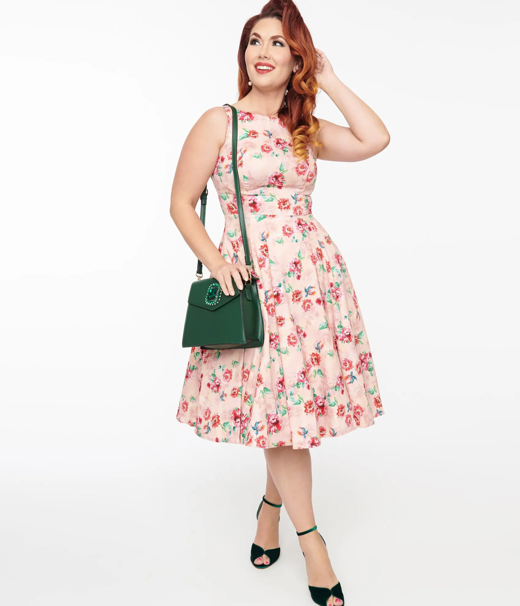 Unique Vintage 1950s Pink Floral Leah Swing Dress Online