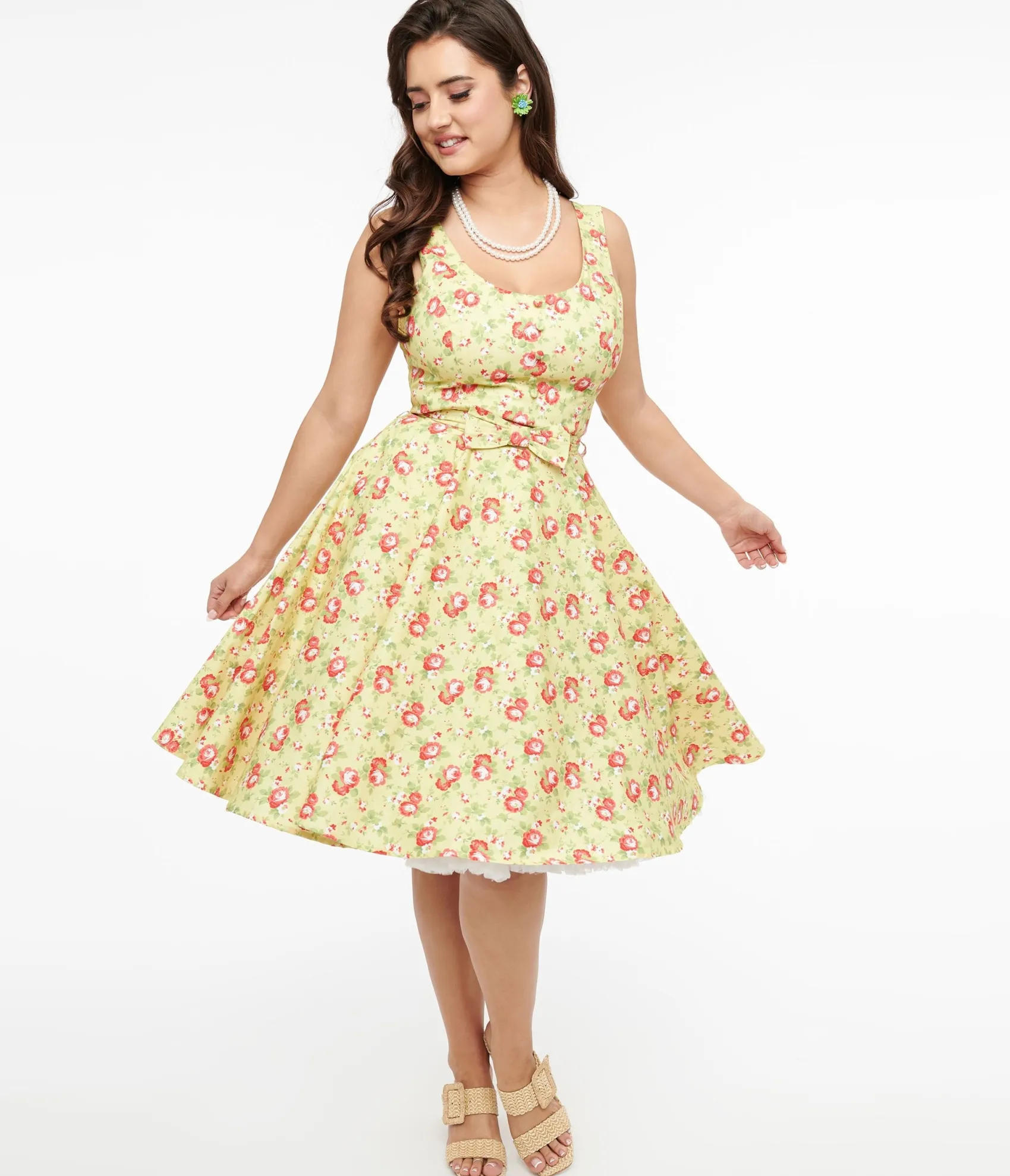 Unique Vintage 1950s Pistachio Green & Pink Floral Cotton Selda Swing Dress Outlet