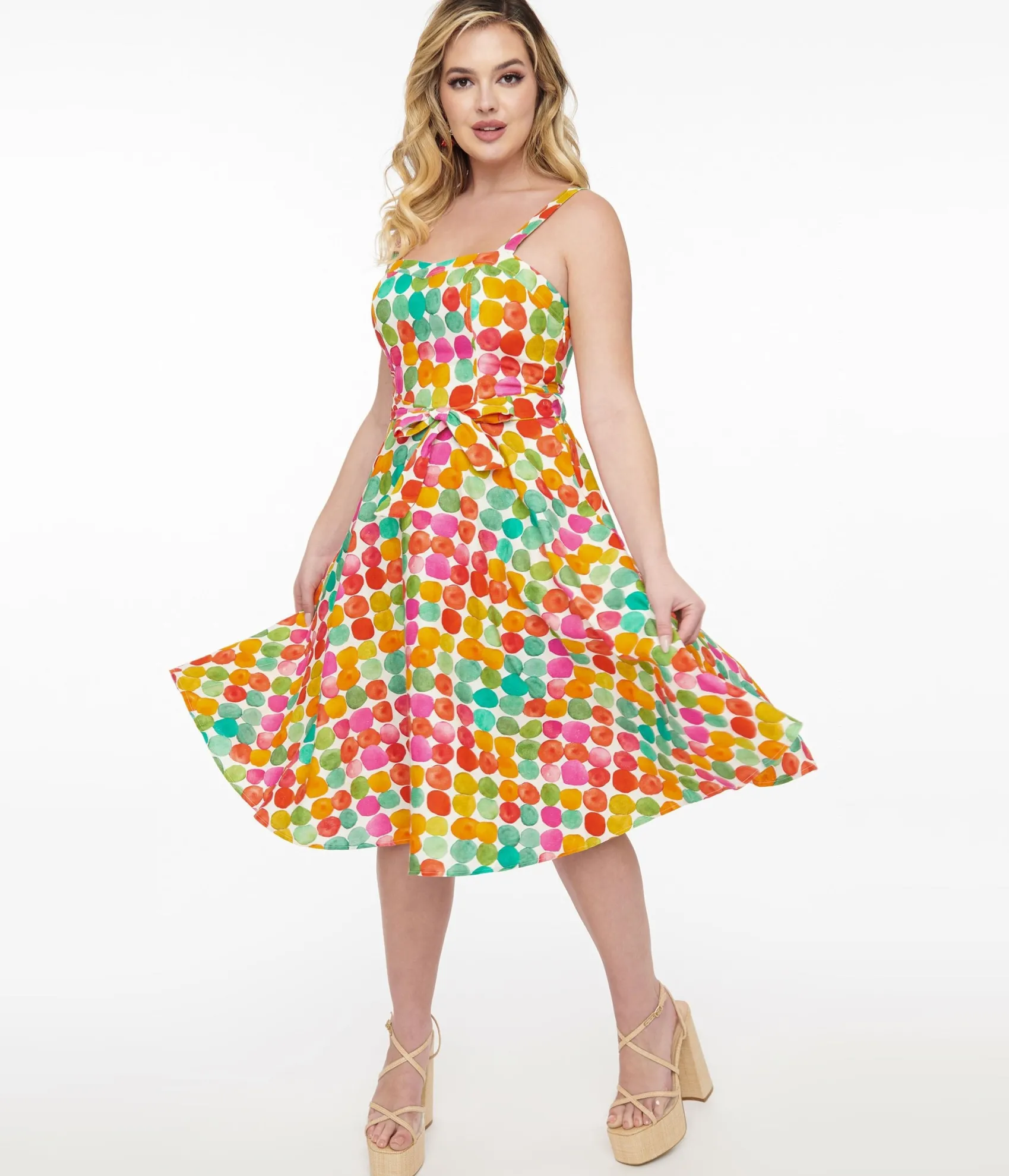 Unique Vintage 1950s Rainbow Watercolor Polka Dot Lori Swing Dress Flash Sale