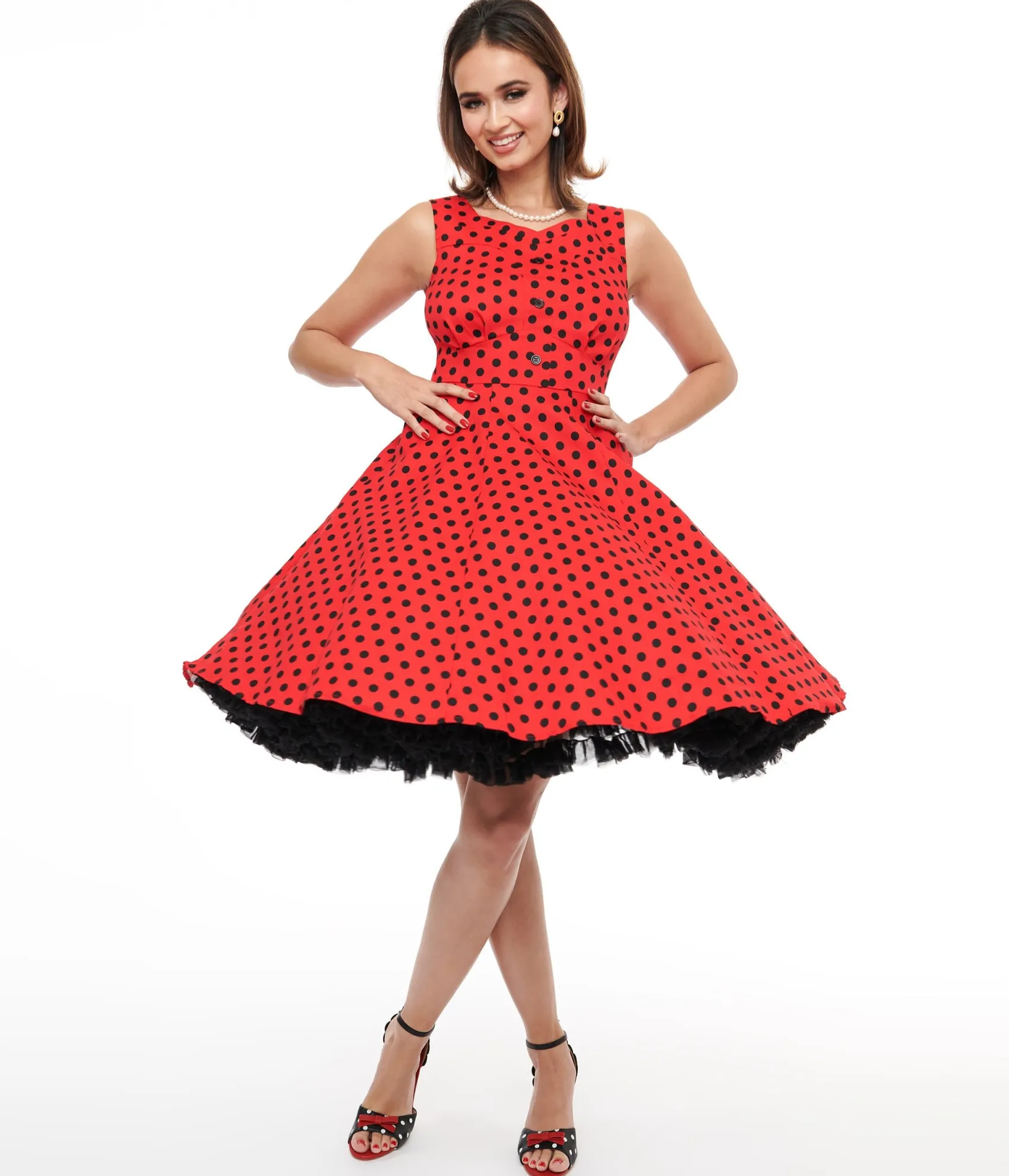 Unique Vintage 1950s Red & Black Polka Dot Fit & Flare Dress Store