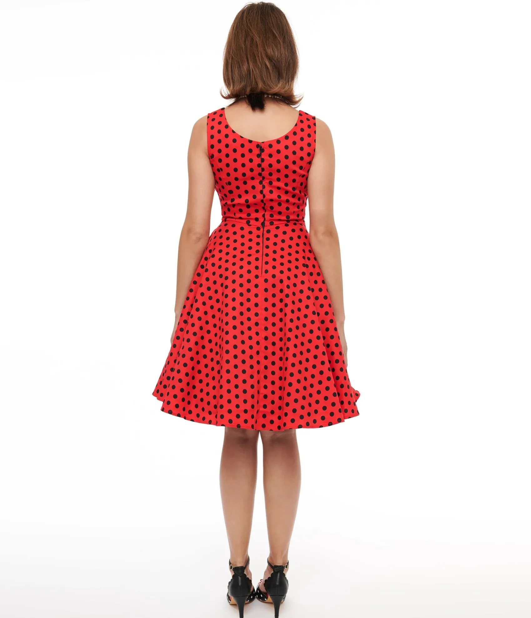 Unique Vintage 1950s Red & Black Polka Dot Fit & Flare Dress Store