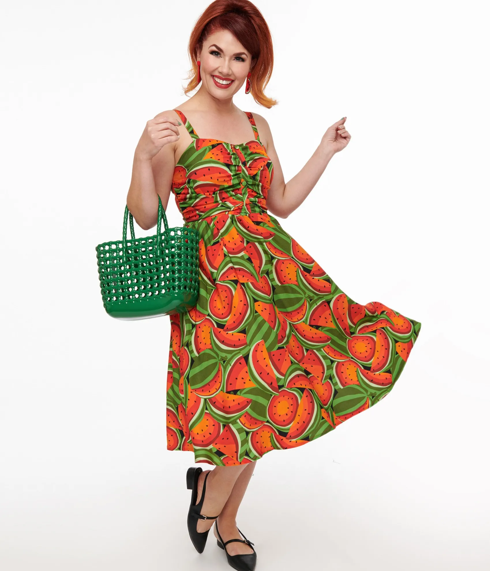 Unique Vintage 1950s Red & Green Watermelon Print Eden Fit & Flare Dress Online