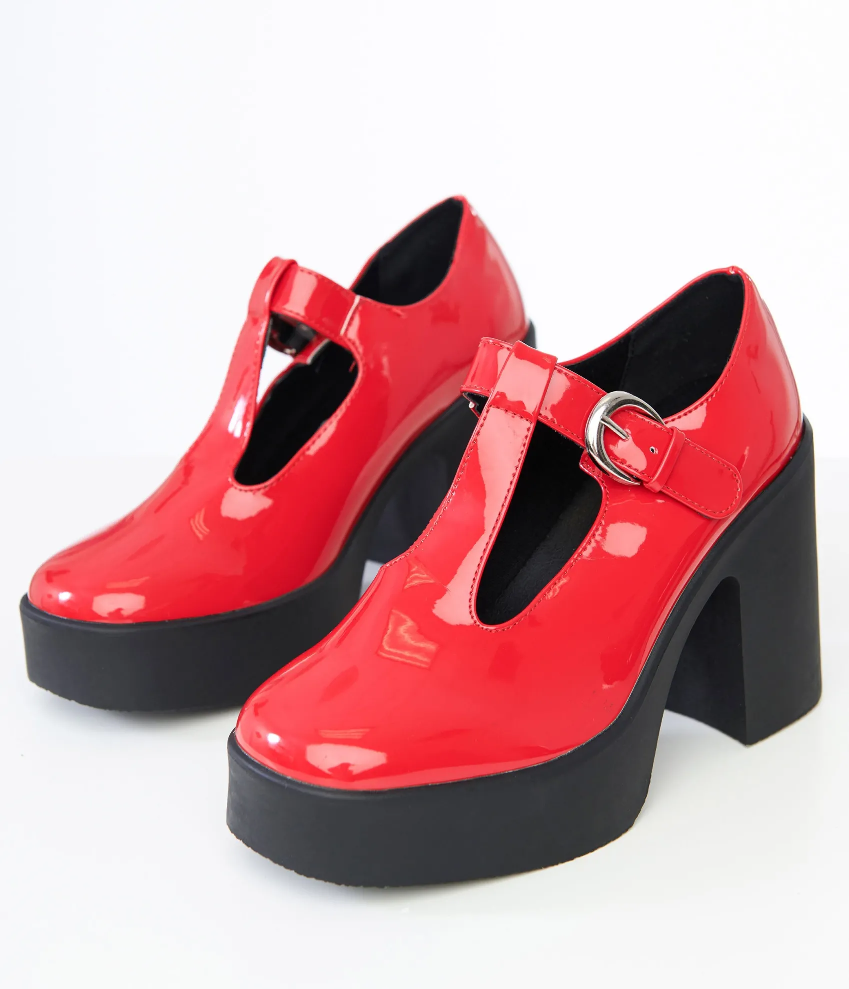 Unique Vintage 1990s Red Patent Leatherette T-Strap Platforms Cheap