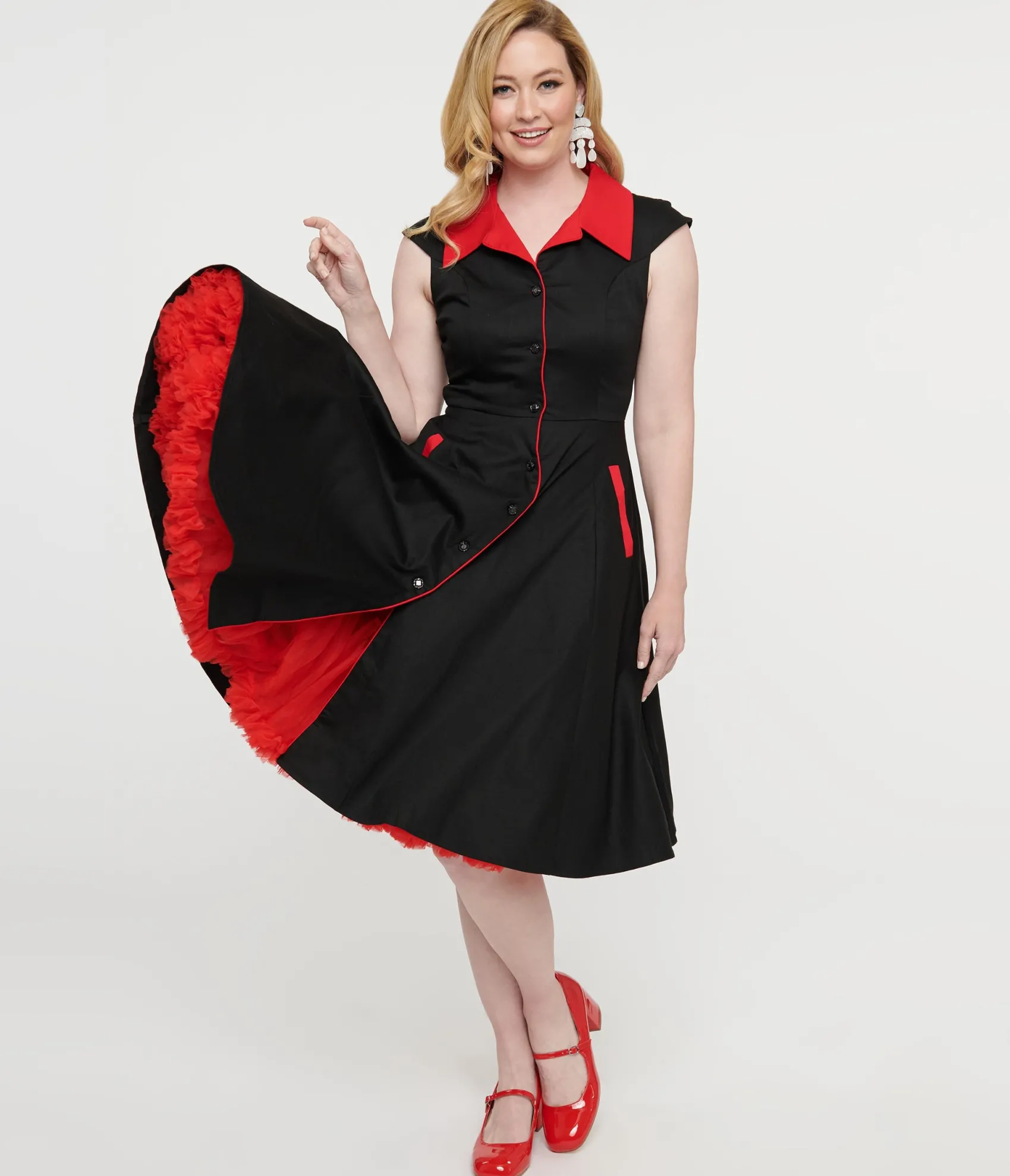 Unique Vintage 1950s Style Black & Red Cap Sleeve Button Up Diablo Swing Dress New