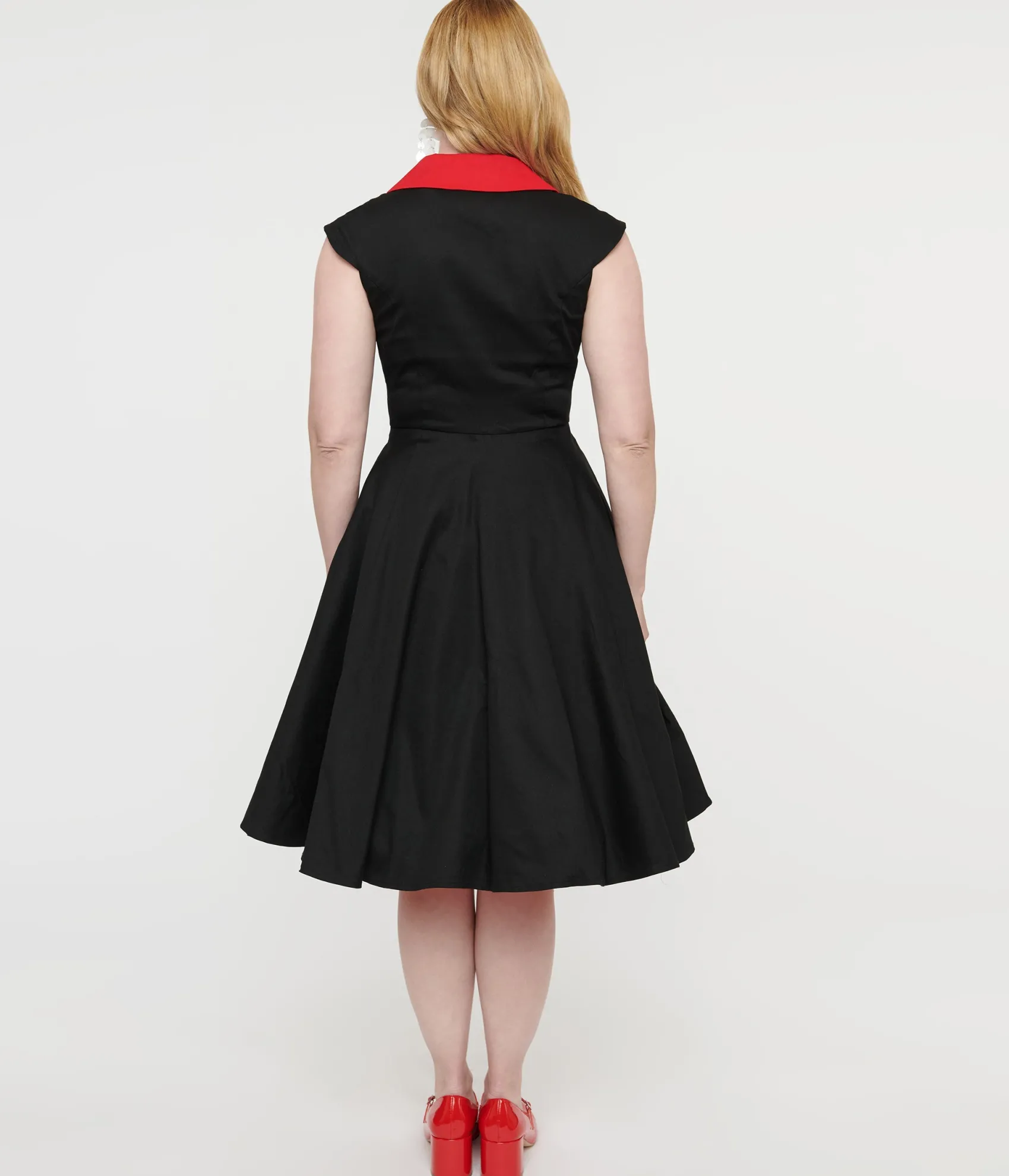 Unique Vintage 1950s Style Black & Red Cap Sleeve Button Up Diablo Swing Dress New