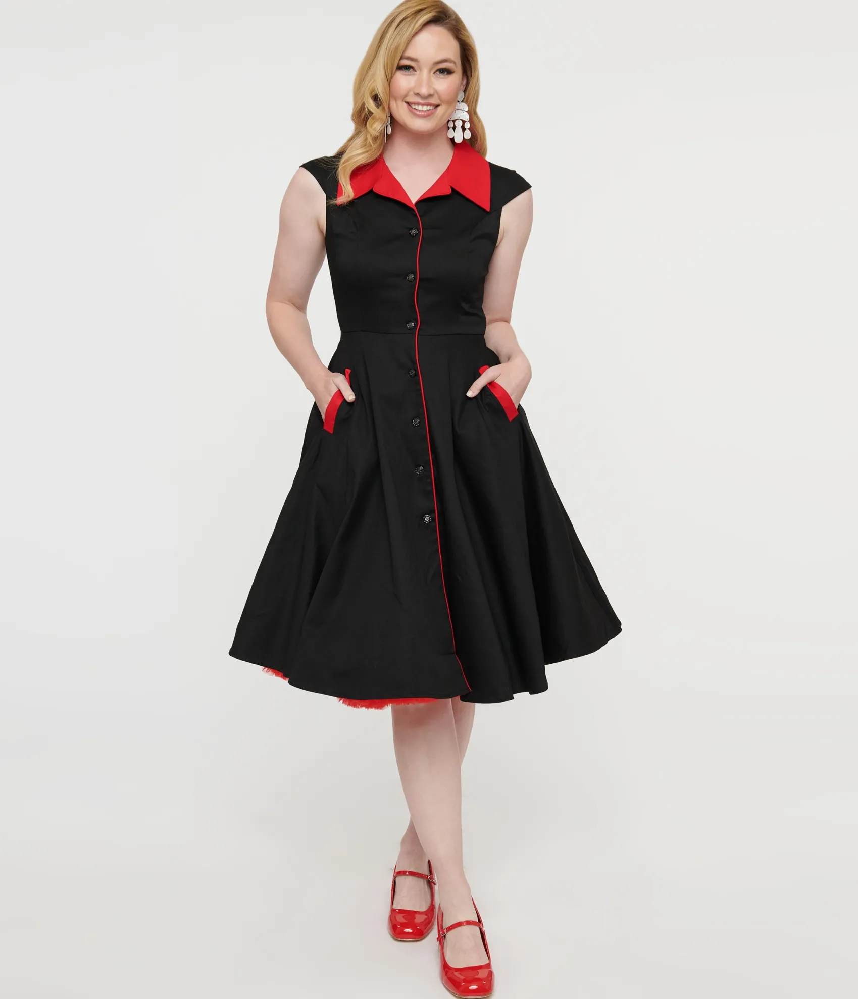 Unique Vintage 1950s Style Black & Red Cap Sleeve Button Up Diablo Swing Dress New