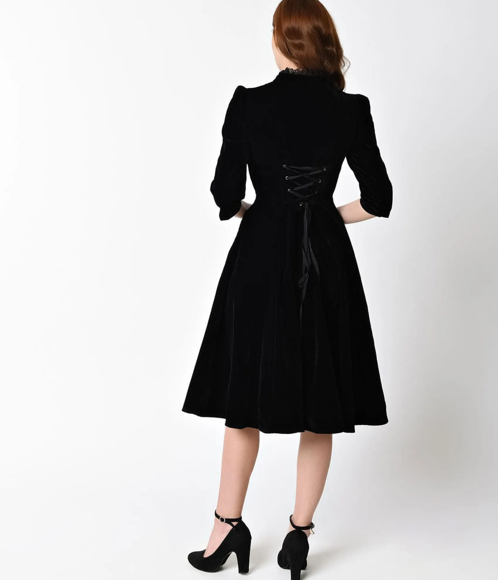 Unique Vintage 1940s Style Black Velvet & Lace Nightshade Half Sleeve Swing Dress Fashion