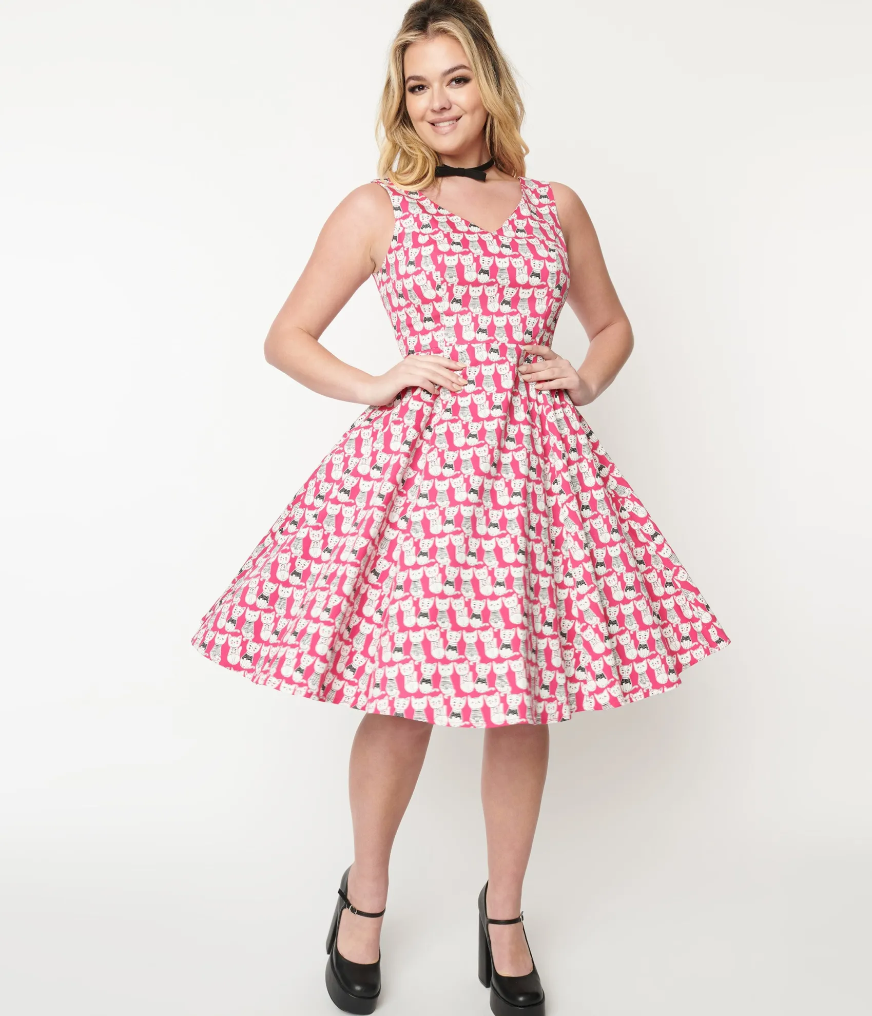 Unique Vintage 1950s Style Hot Pink Cat Print Sleeveless Swing Dress Flash Sale